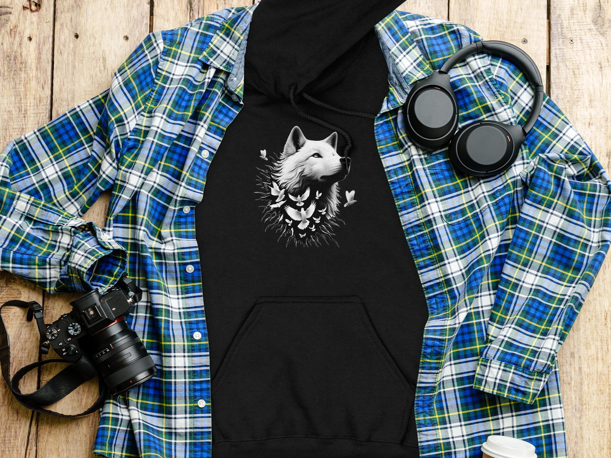 Wolf x Doves - Black White Gildan Hoodie Realistic Animal Talisman Unisex Tee Graphic Design