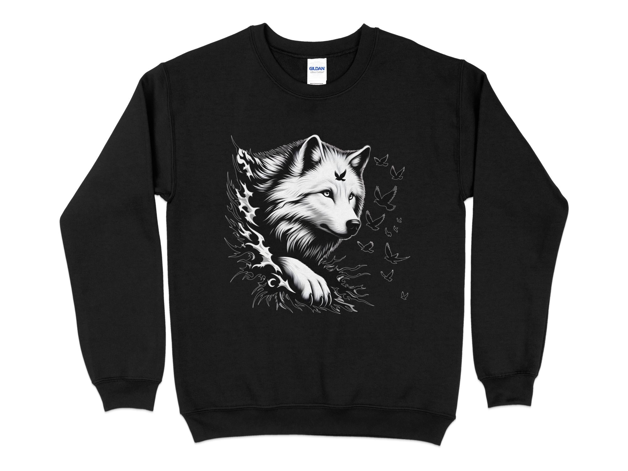 Wolf x Doves - Black White Gildan Sweatshirt Realistic Animal Talisman Unisex Tee Graphic Design