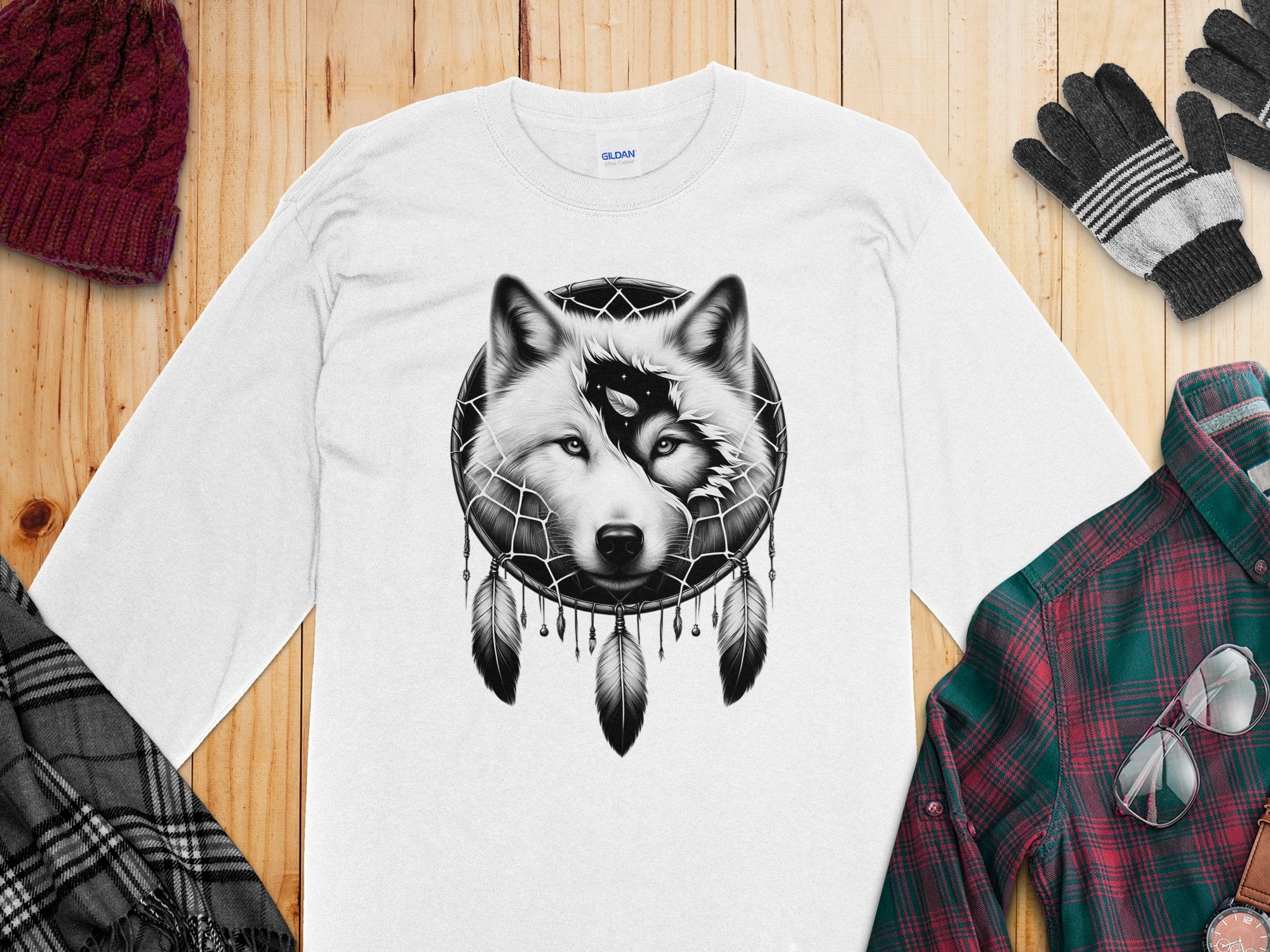 Dreamcatcher Wolf - Coloured Gildan Long Sleeve Realistic Native American Talisman Unisex Mythology Tee Graphic Design