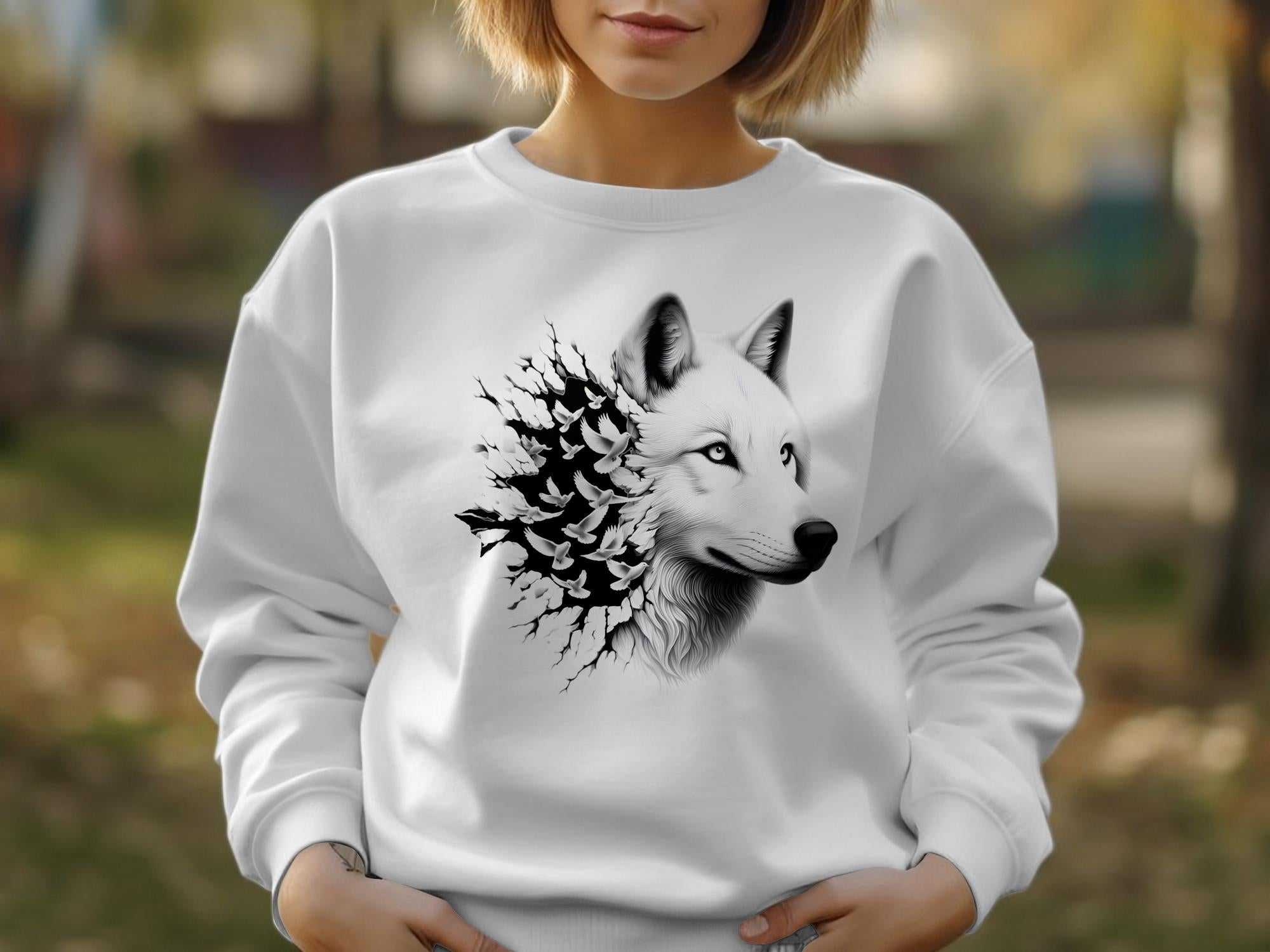 Wolf x Doves - Black White Gildan Sweatshirt Realistic Animal Talisman Unisex Tee Graphic Design