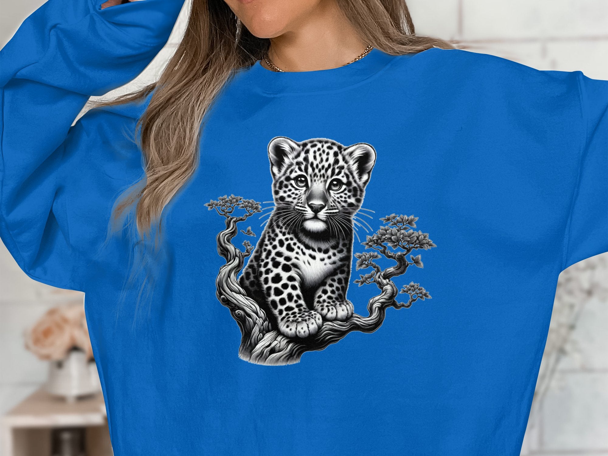 Leopard Bonsai - Coloured Gildan Sweatshirt Realistic Animal Talisman Unisex Cute Tee Graphic Design