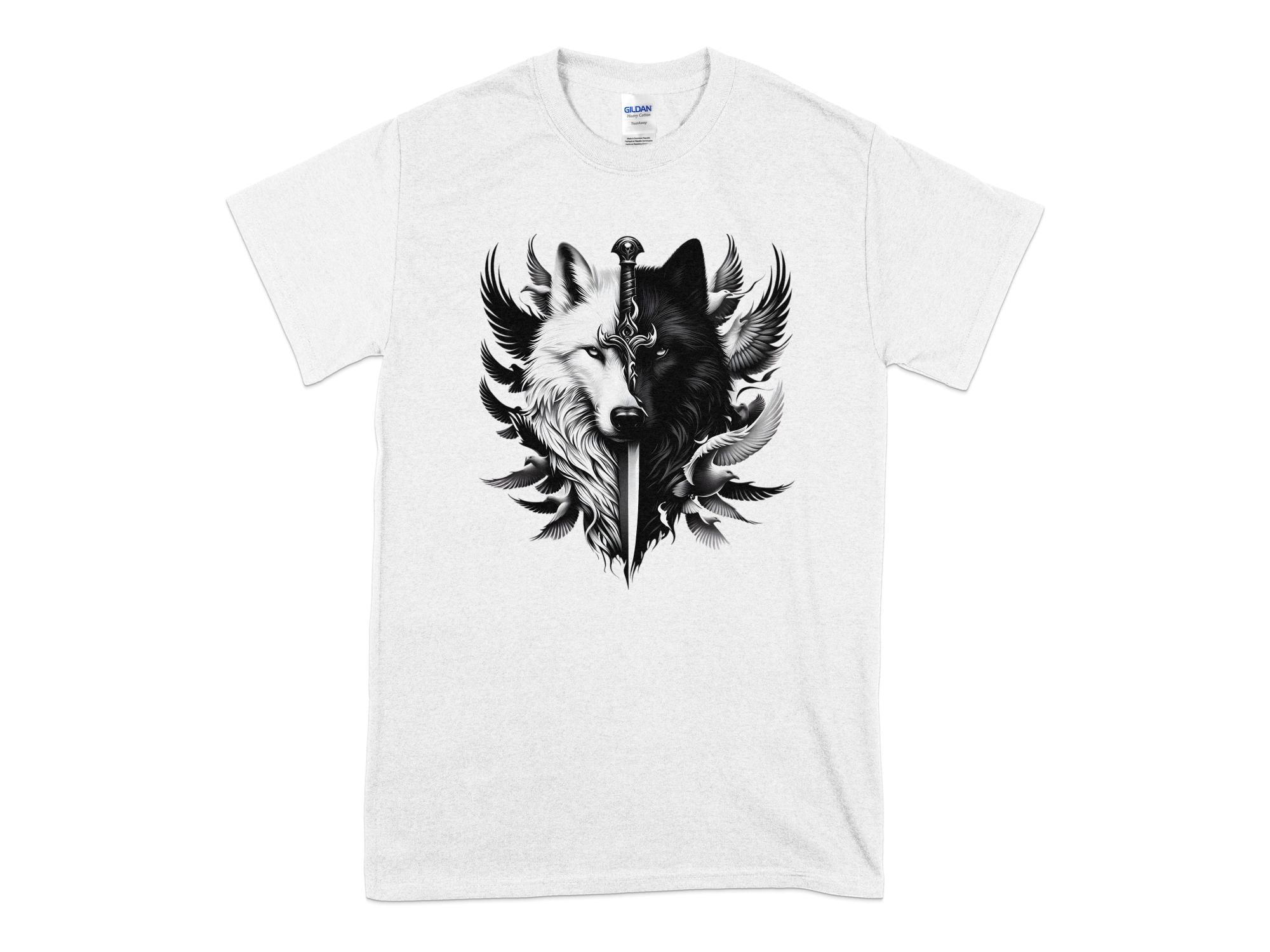 Wolf x Doves - Black White Gildan T-Shirt Realistic Animal Talisman Unisex Tee Graphic Design