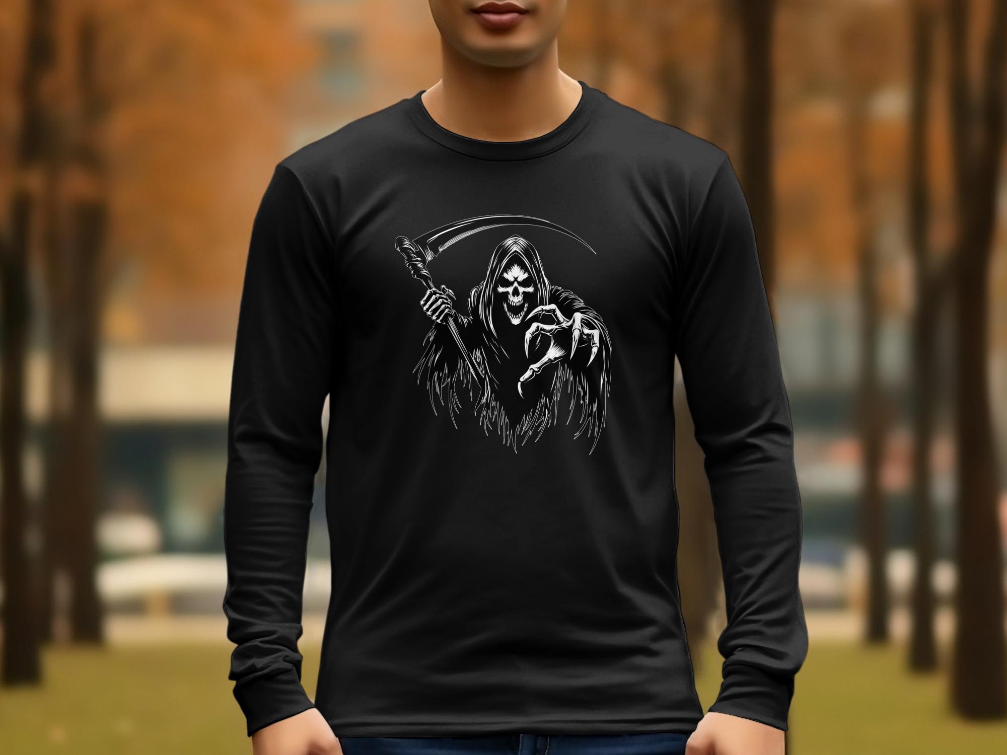 Grim Reaper - Black White Gildan Long Sleeve Commemorative Talisman Unisex Tee Graphic Design