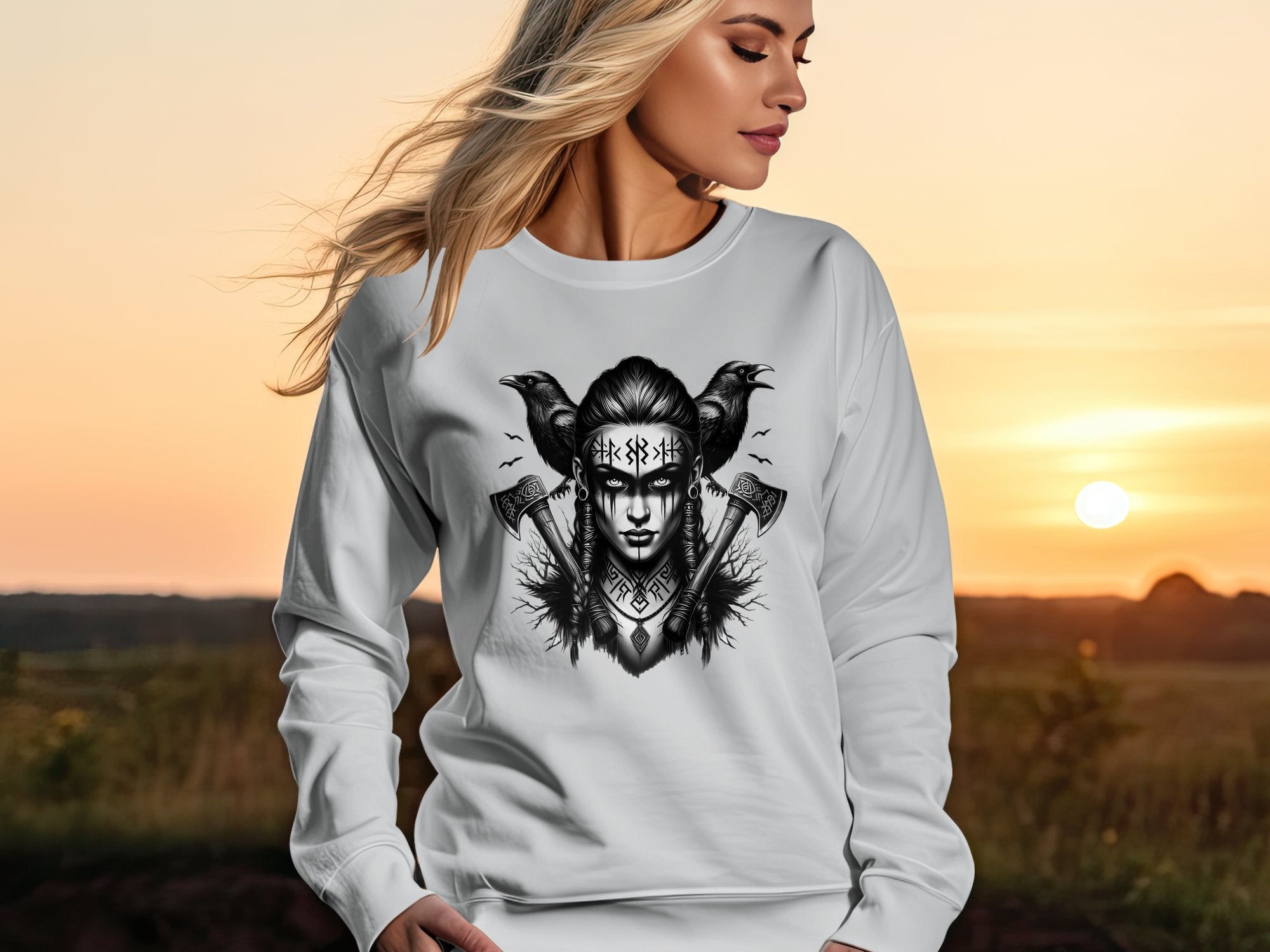 Viking Shield Maiden - Coloured Gildan Sweatshirt Realistic Norse Talisman Men Women Unisex Valhalla Tee Graphic Design