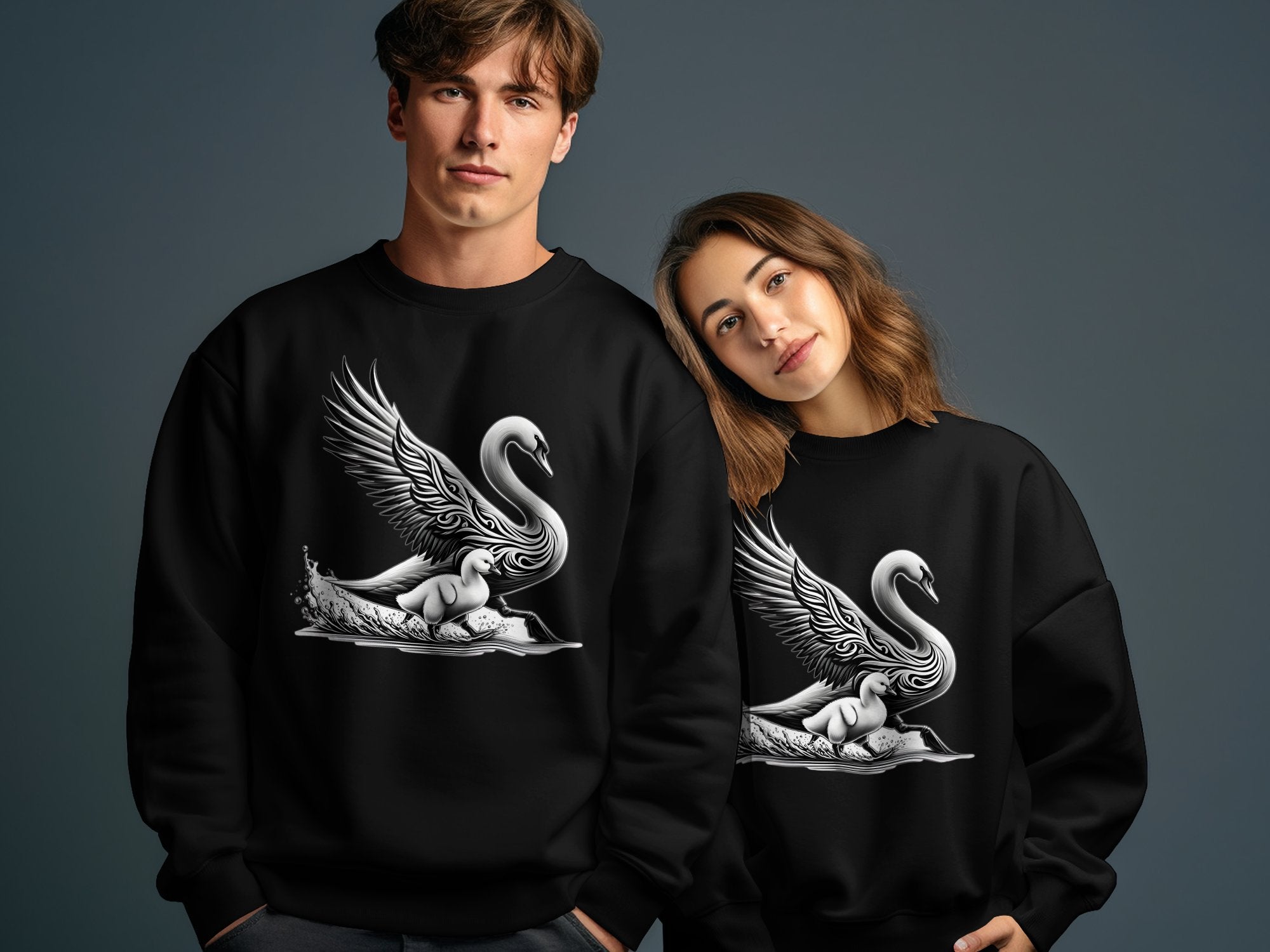 Swan & Cygnet- Black White Gildan Sweatshirt Realistic Family Talisman Unisex Tee Graphic Design