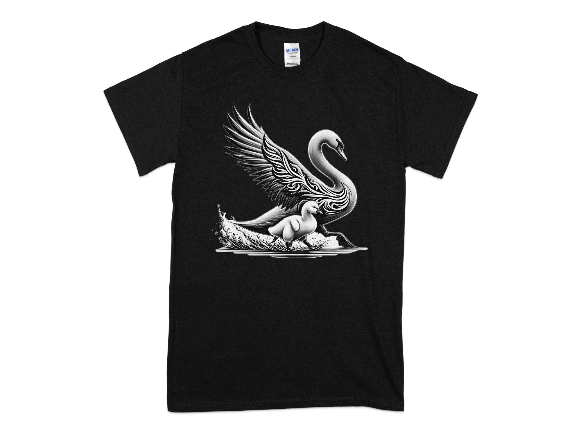 Swan & Cygnet- Black White Gildan T-Shirt Realistic Family Talisman Unisex Tee Graphic Design