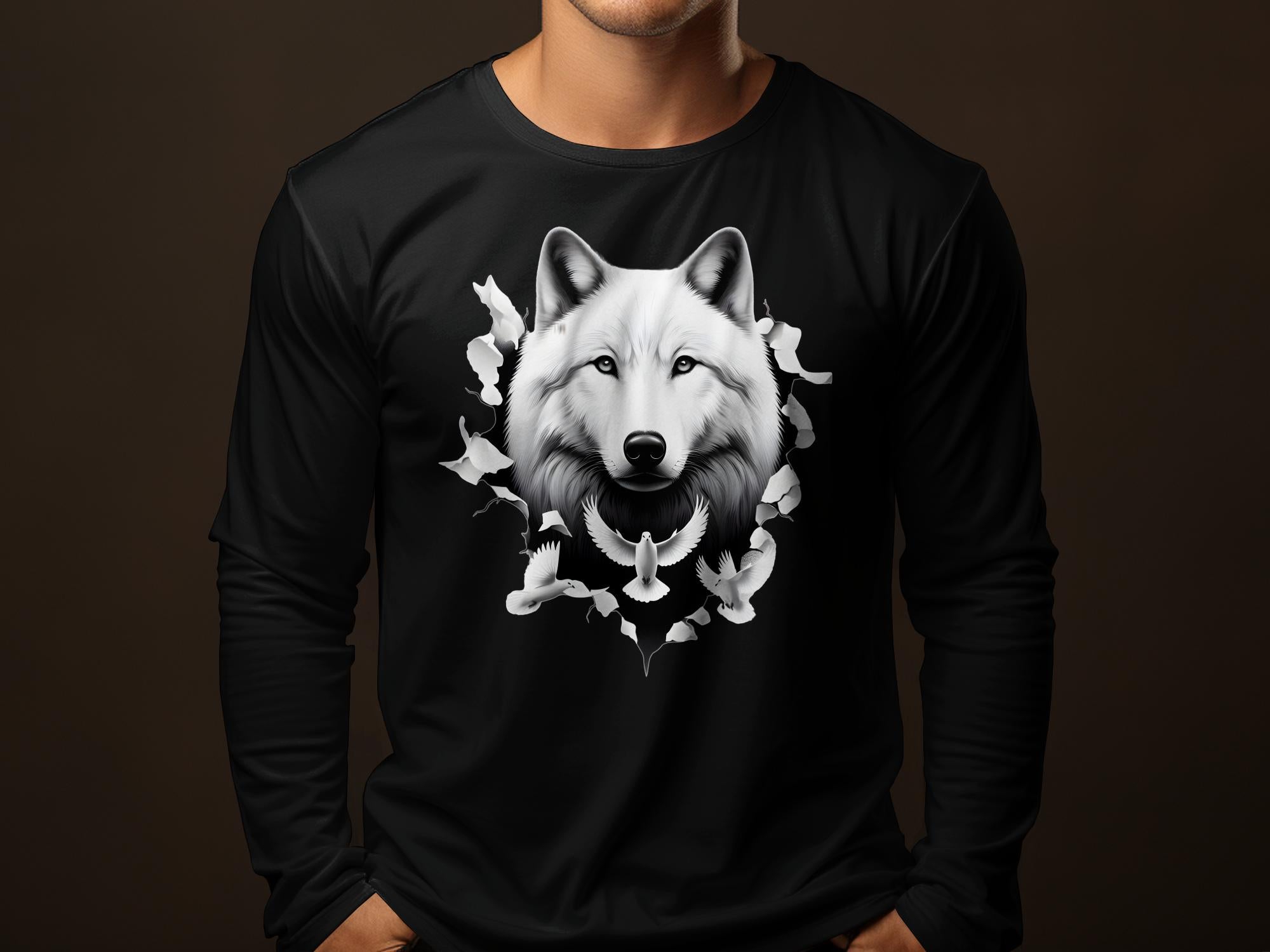 Wolf x Doves - Black White Gildan Long Sleeve Realistic Animal Talisman Unisex Tee Graphic Design