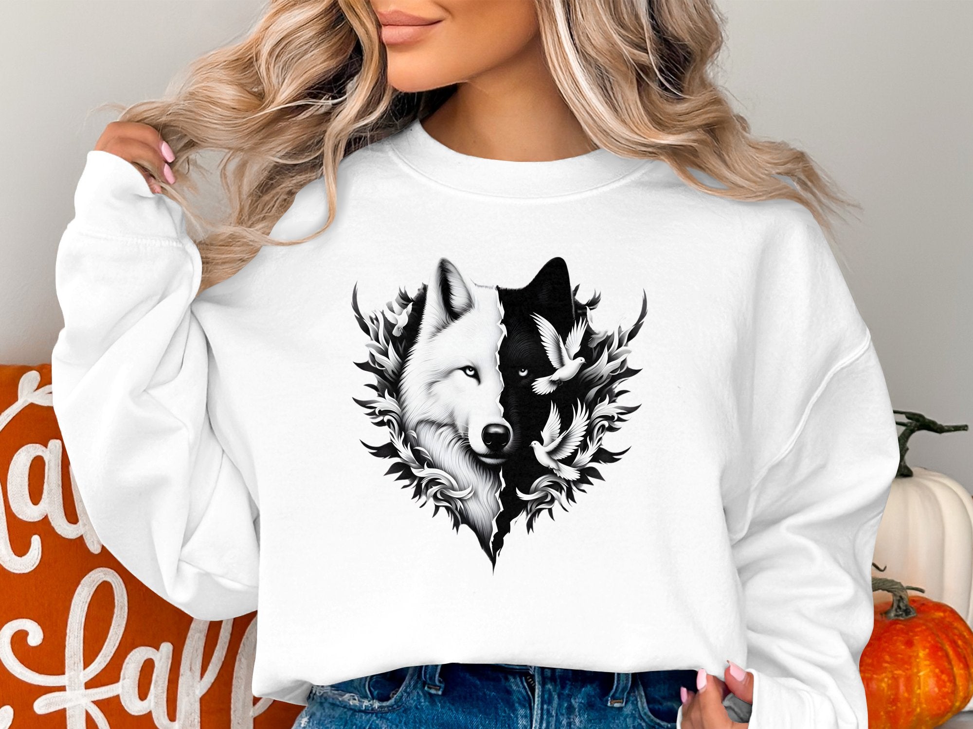 Wolf x Doves - Black White Gildan Sweatshirt Realistic Animal Talisman Unisex Tee Graphic Design