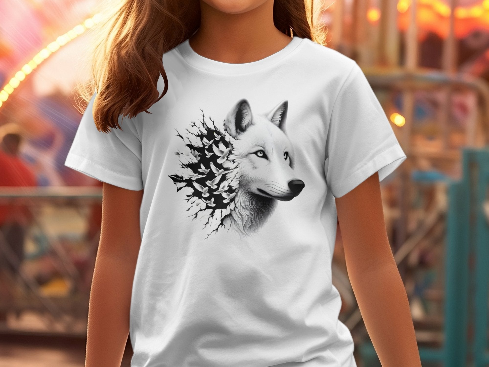 Wolf x Doves - Black White Gildan Kids T-Shirt Realistic Animal Talisman Unisex Tee Graphic Design