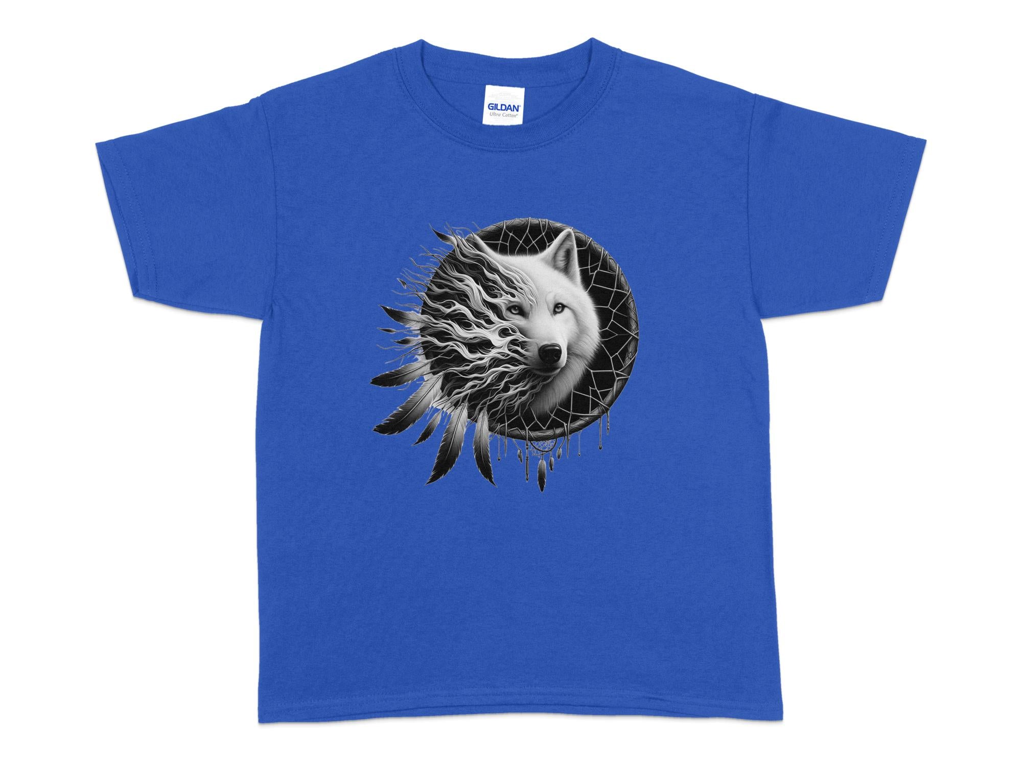 Dreamcatcher Wolf - Coloured Gildan Kids T-Shirt Realistic Native American Talisman Unisex Mythology Tee Graphic Design