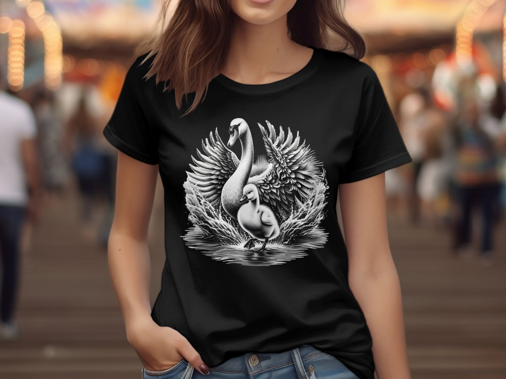 Swan & Cygnet- Black White Gildan T-Shirt Realistic Family Talisman Unisex Tee Graphic Design