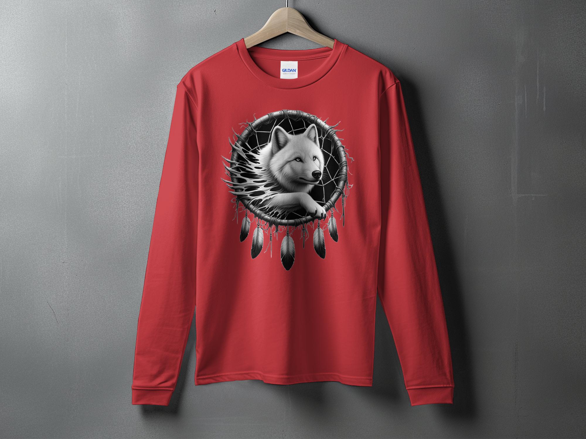 Dreamcatcher Wolf - Coloured Gildan Long Sleeve Realistic Native American Talisman Unisex Mythology Tee Graphic Design