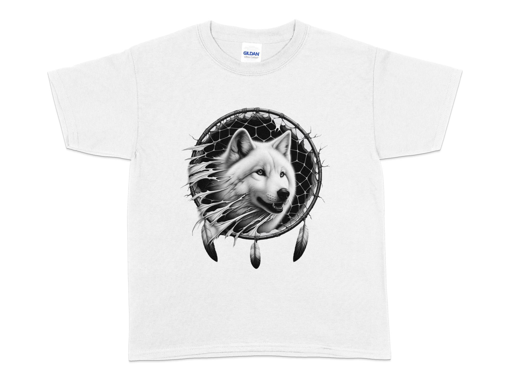 Dreamcatcher Wolf - Coloured Gildan Kids T-Shirt Realistic Native American Talisman Unisex Mythology Tee Graphic Design