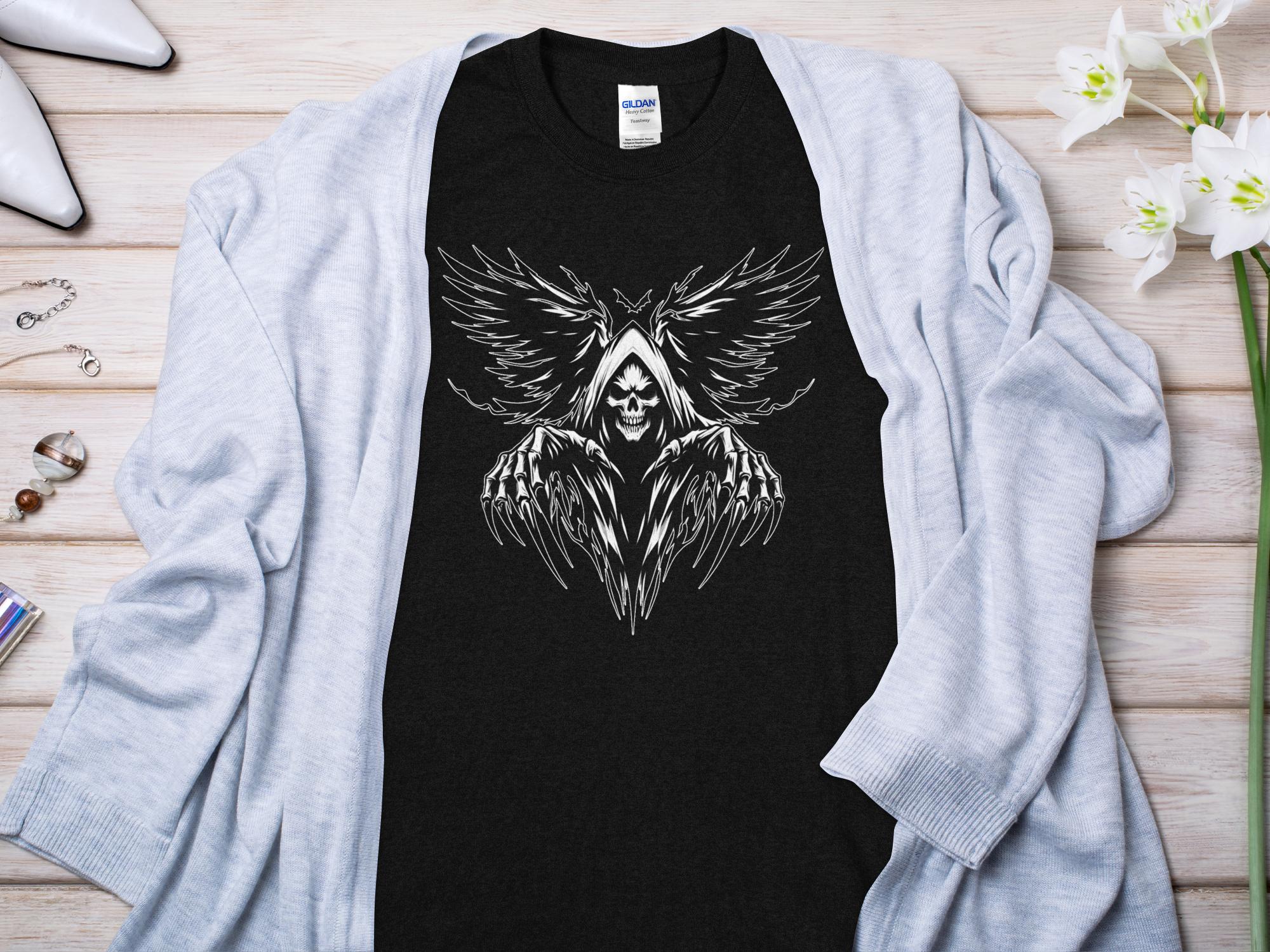 Grim Reaper - Black White Gildan T-Shirt Commemorative Talisman Unisex Tee Graphic Design