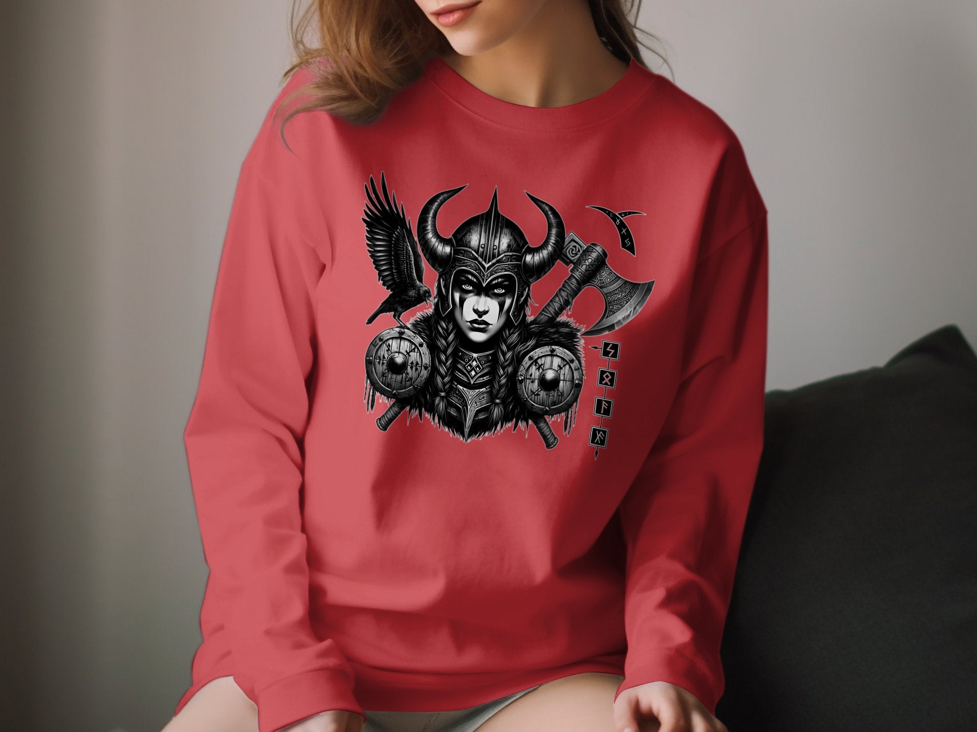 Viking Shield Maiden - Coloured Gildan Long Sleeve Realistic Norse Talisman Men Women Unisex Valhalla Tee Graphic Design