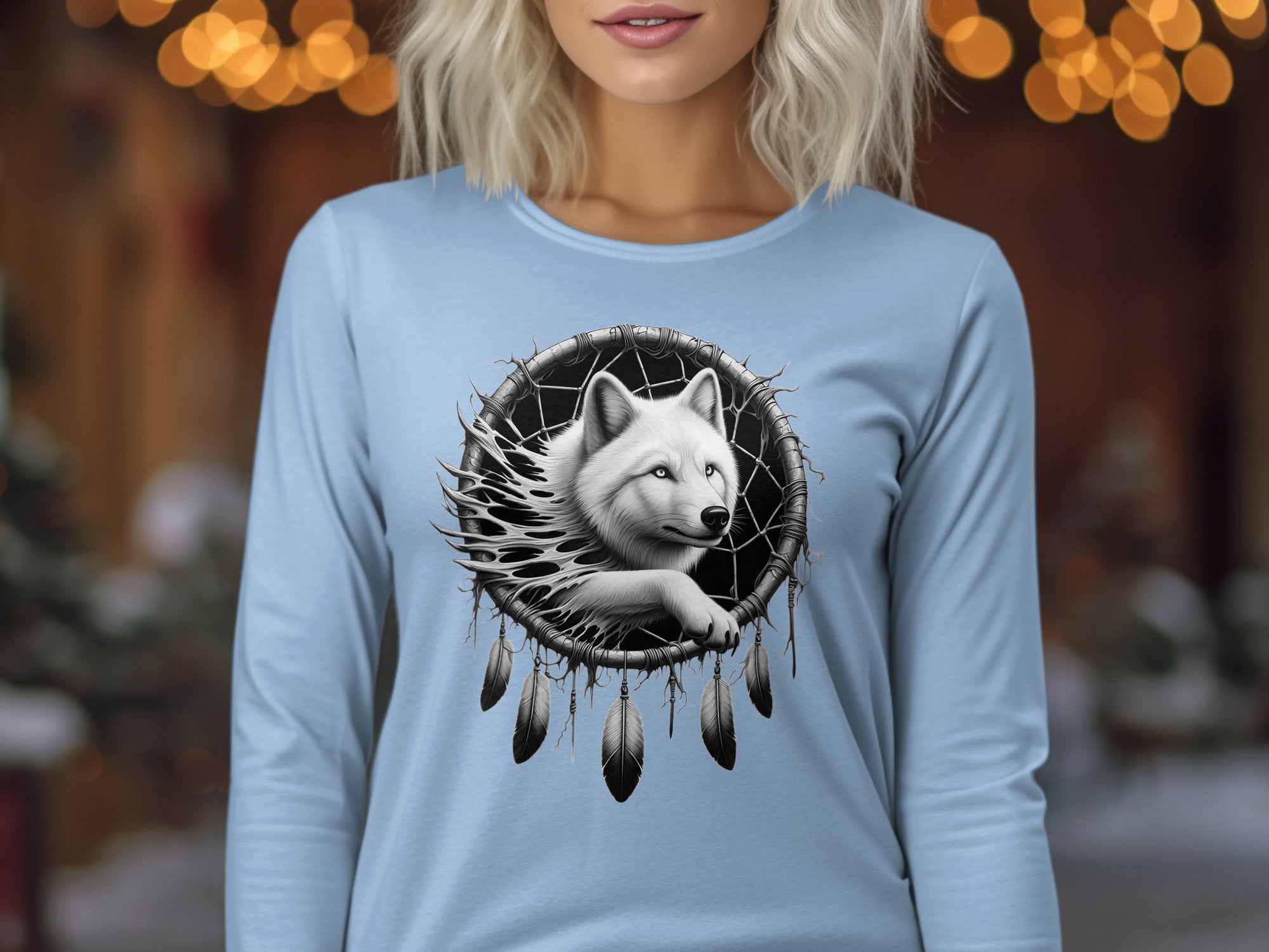 Dreamcatcher Wolf - Coloured Gildan Long Sleeve Realistic Native American Talisman Unisex Mythology Tee Graphic Design