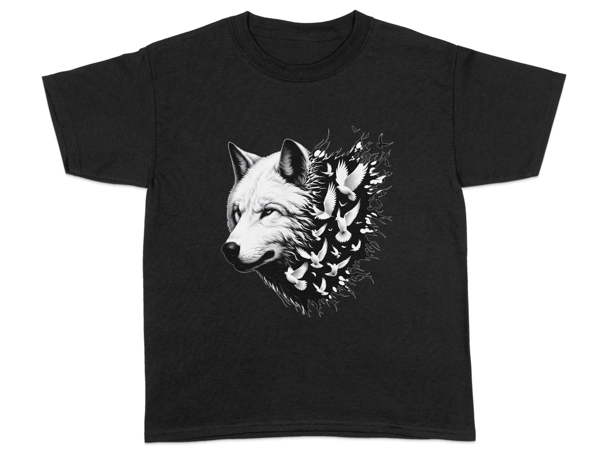 Wolf x Doves - Black White Gildan Kids T-Shirt Realistic Animal Talisman Unisex Tee Graphic Design