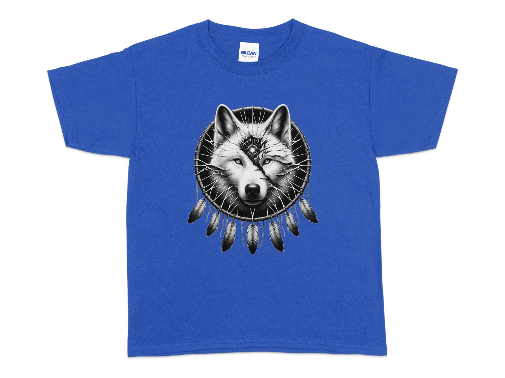 Dreamcatcher Wolf - Coloured Gildan Kids T-Shirt Realistic Native American Talisman Unisex Mythology Tee Graphic Design