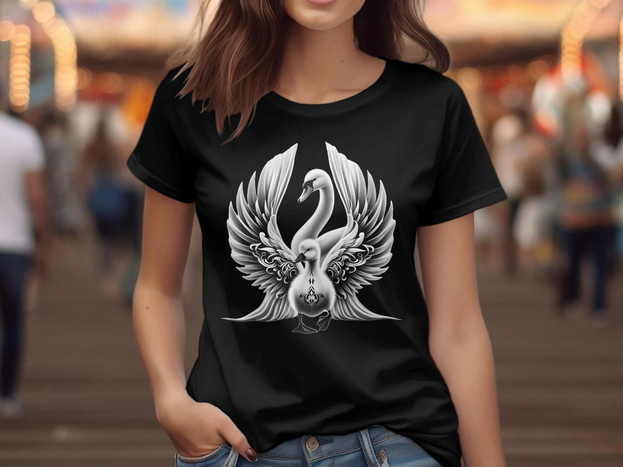 Swan & Cygnet- Black White Gildan T-Shirt Realistic Family Talisman Unisex Tee Graphic Design