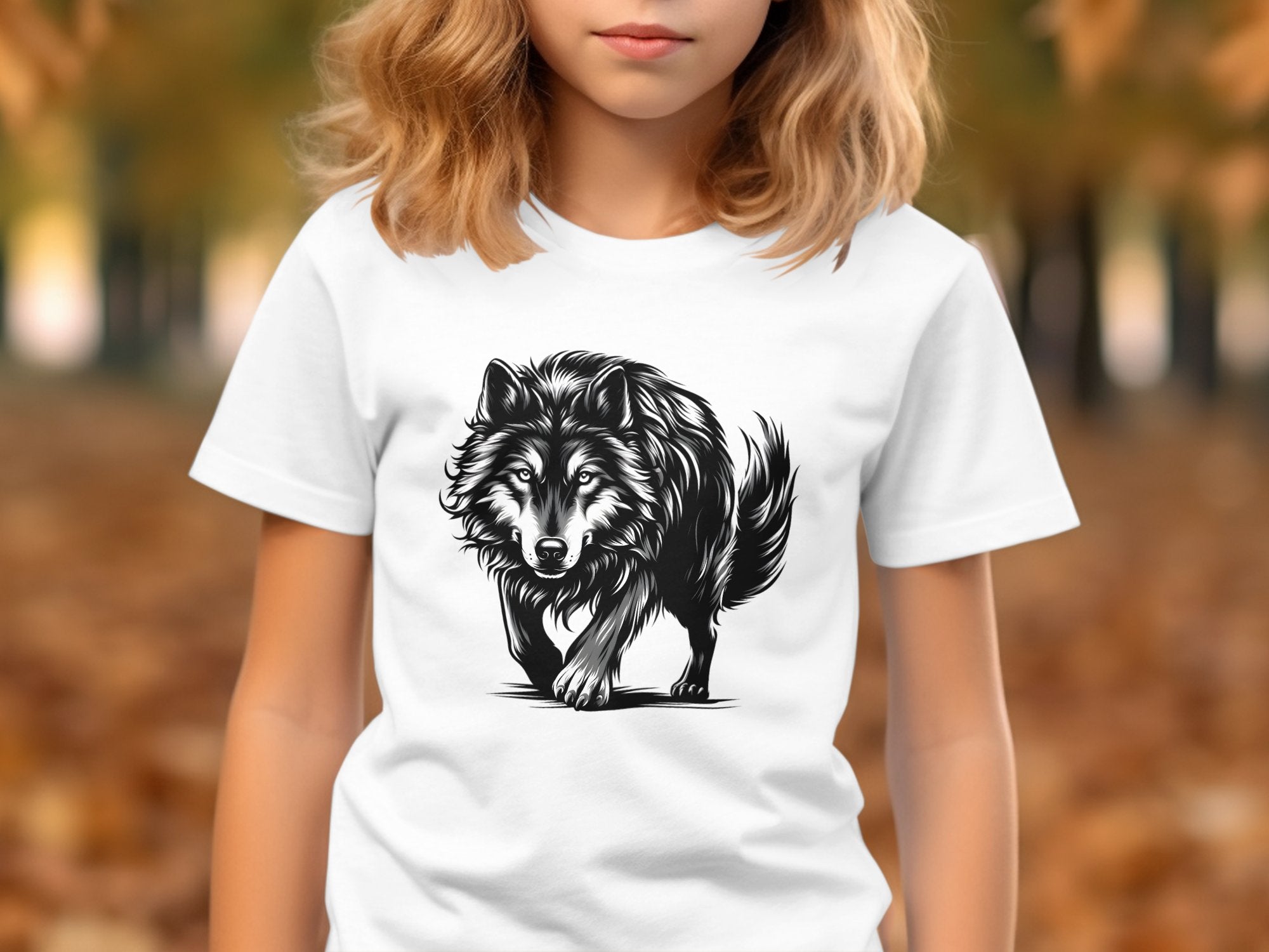 Wolf Tribal - Black White Gildan Kids T-Shirt Realistic Animal Talisman Unisex Tee Graphic Design