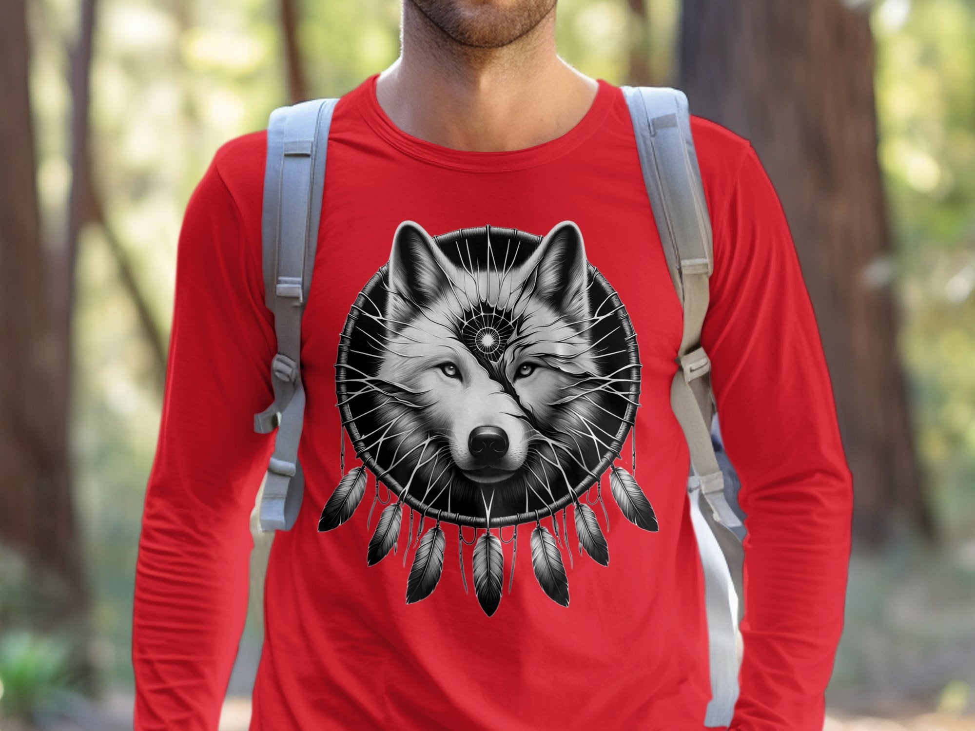 Dreamcatcher Wolf - Coloured Gildan Long Sleeve Realistic Native American Talisman Unisex Mythology Tee Graphic Design