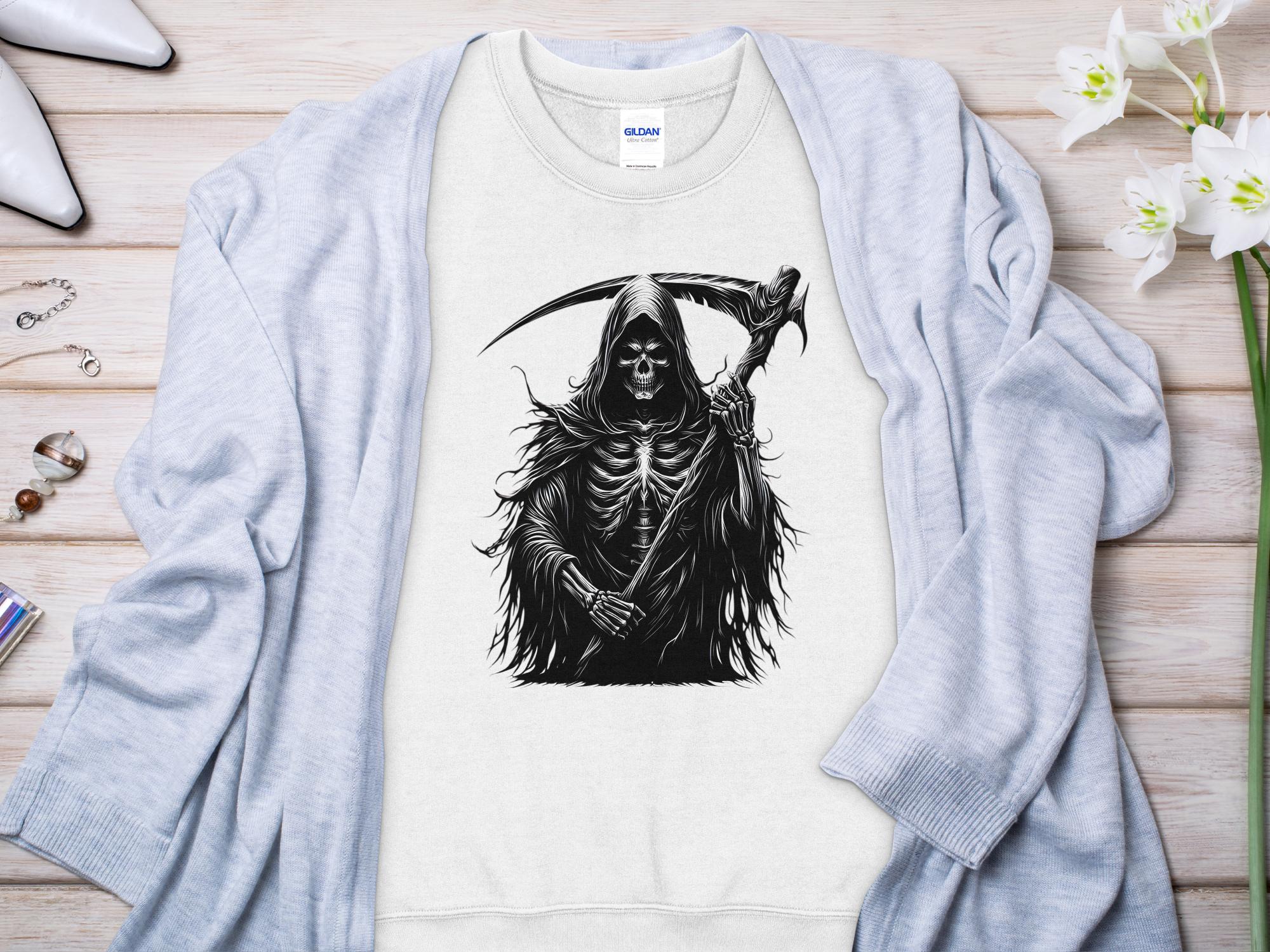 Grim Reaper - Black White Gildan Sweatshirt Commemorative Talisman Unisex Tee Graphic Design