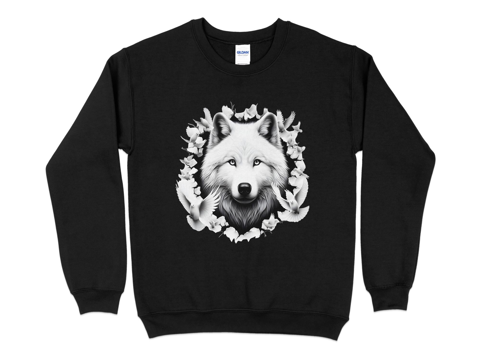 Wolf x Doves - Black White Gildan Sweatshirt Realistic Animal Talisman Unisex Tee Graphic Design