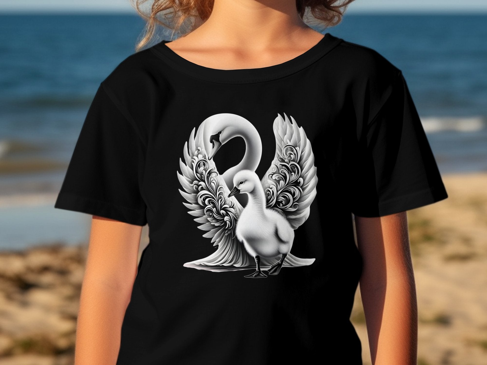 Swan & Cygnet- Black White Gildan Kids T-Shirt Realistic Family Talisman Unisex Tee Graphic Design