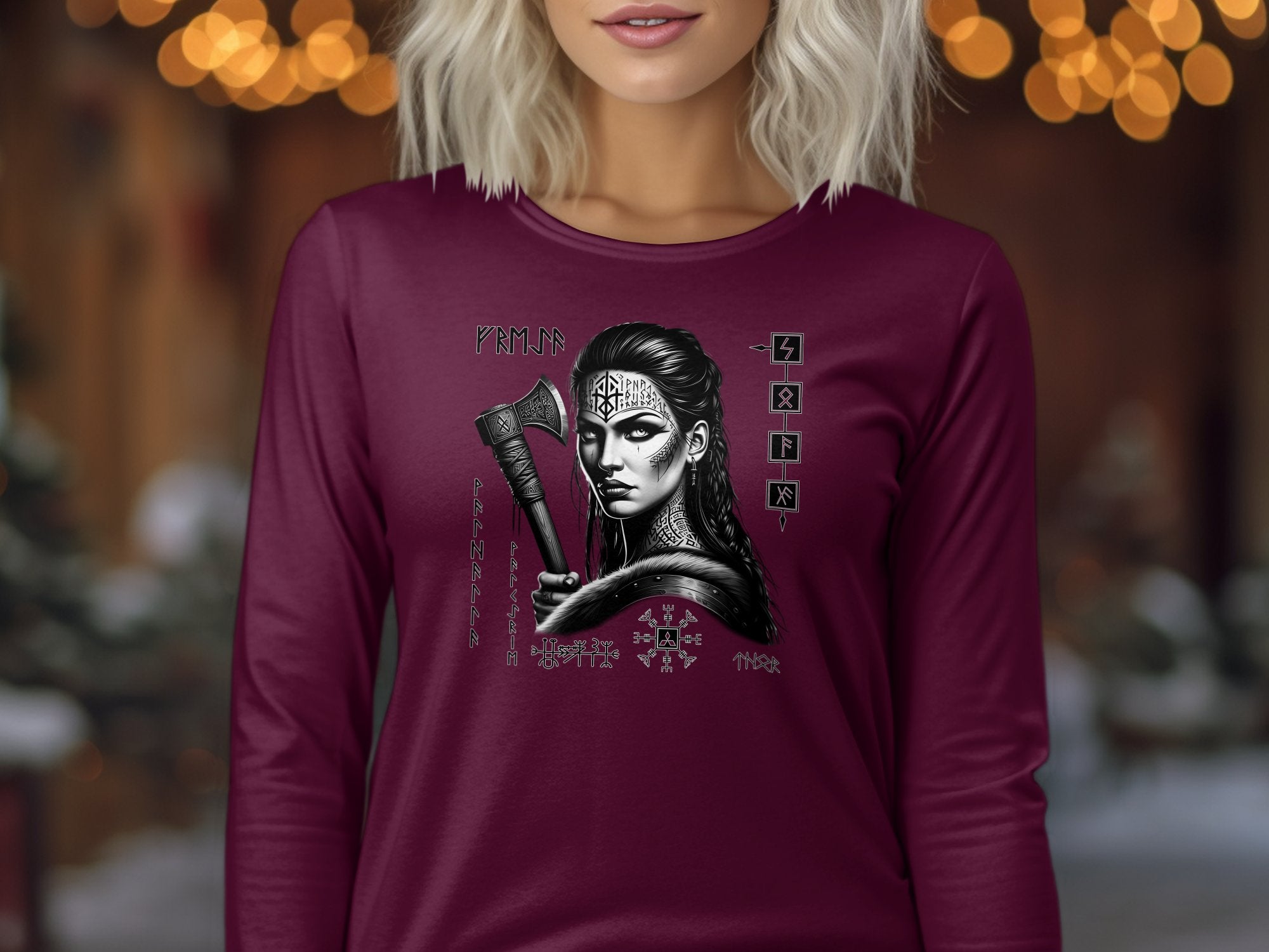 Viking Shield Maiden - Coloured Gildan Long Sleeve Realistic Norse Talisman Men Women Unisex Valhalla Tee Graphic Design