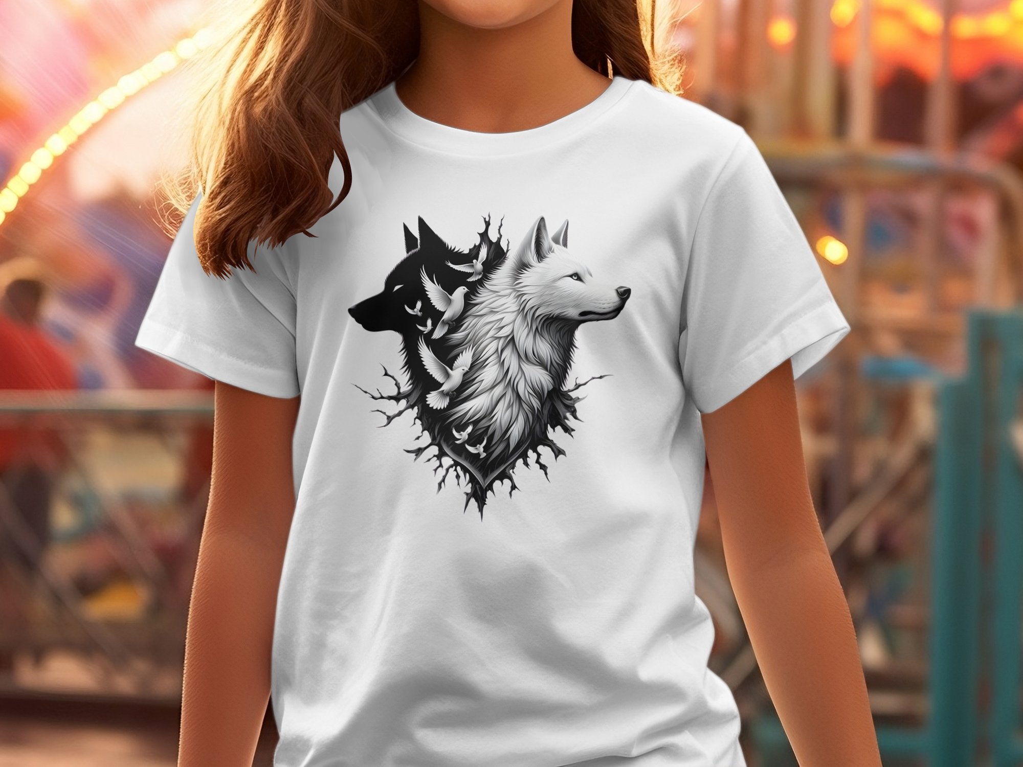 Wolf x Doves - Black White Gildan Kids T-Shirt Realistic Animal Talisman Unisex Tee Graphic Design