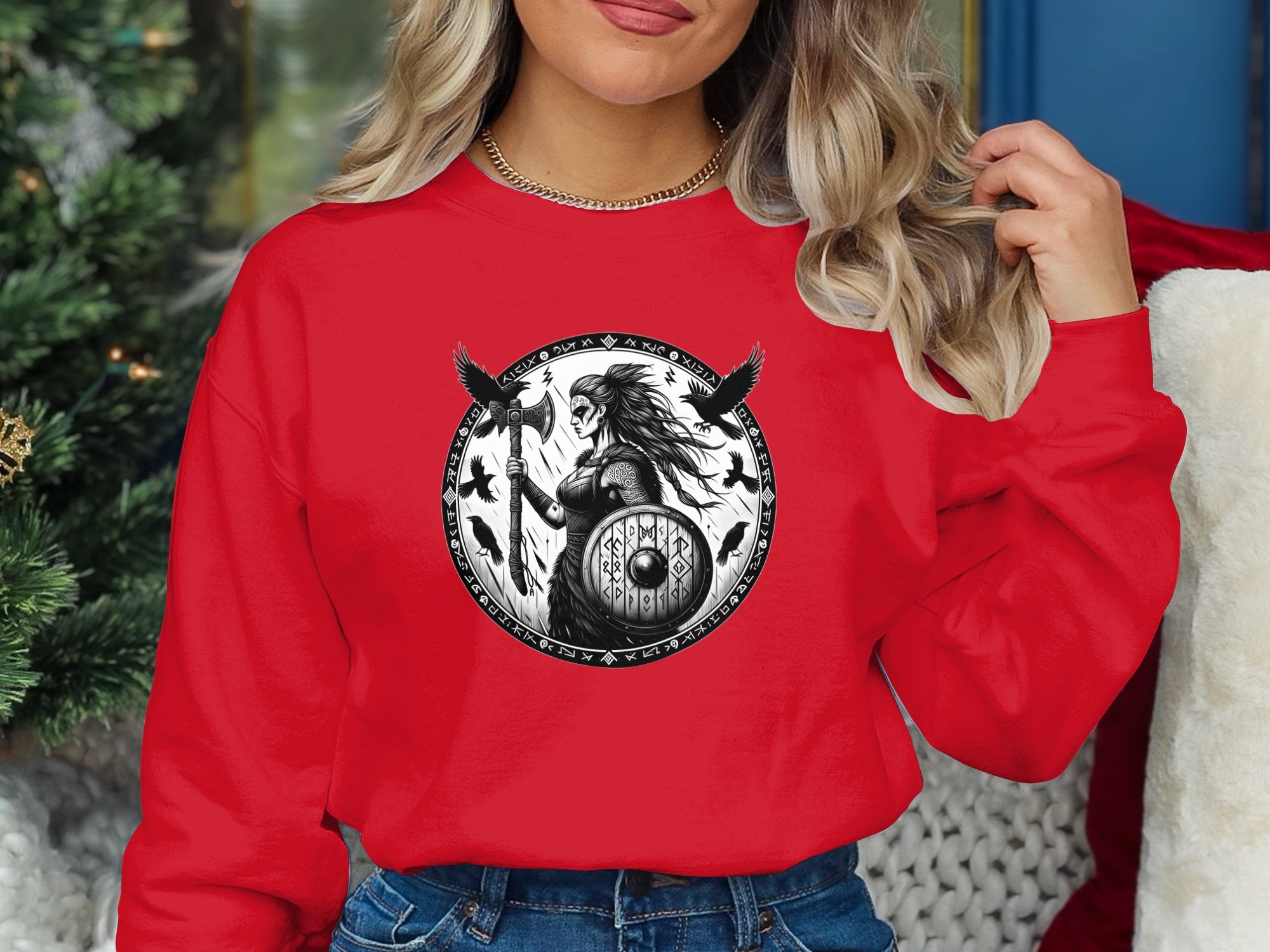 Viking Shield Maiden - Coloured Gildan Sweatshirt Realistic Norse Talisman Men Women Unisex Valhalla Tee Graphic Design