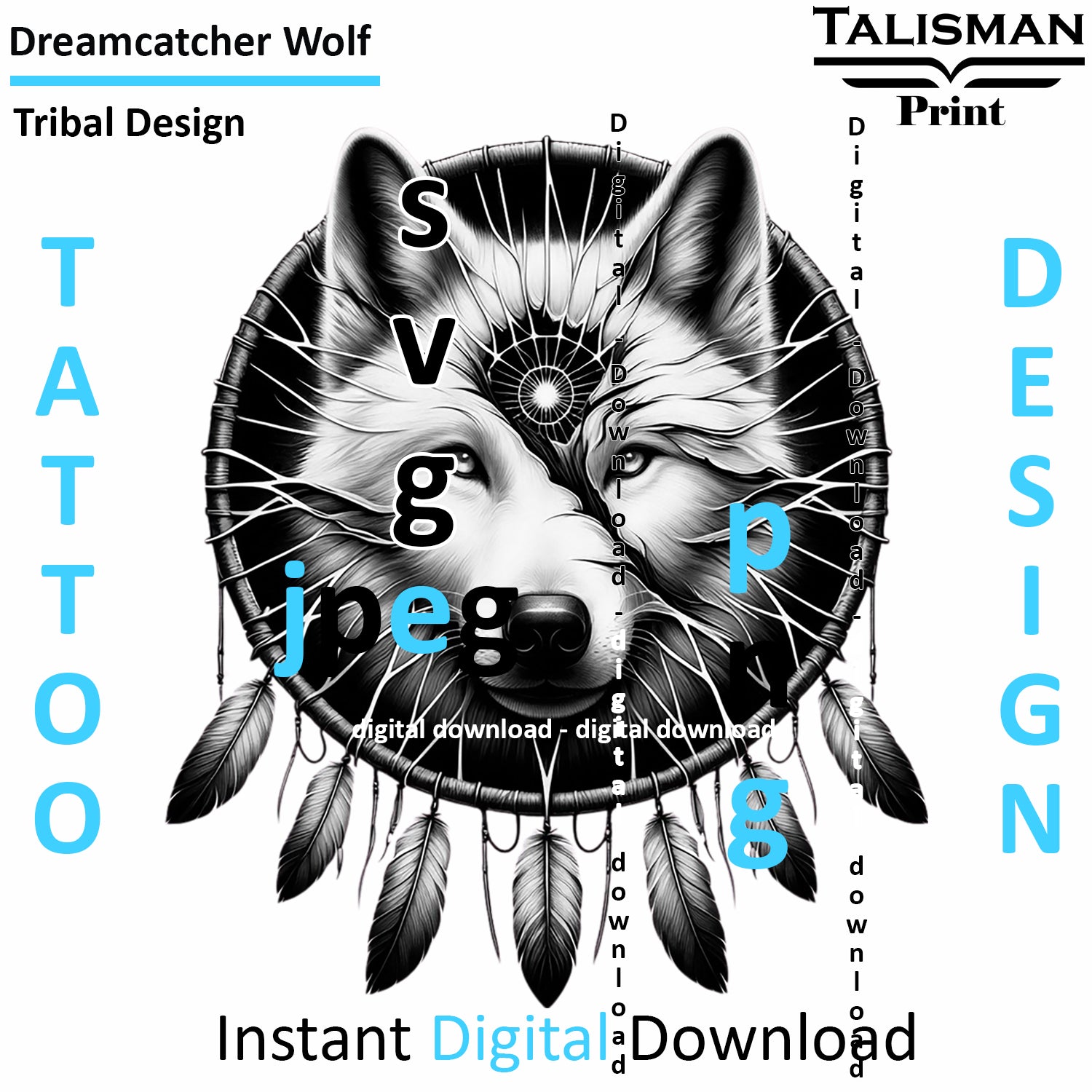 Dreamcatcher Wolf - Digital Art | PNG, JPEG & SVG | Instant Download for Apparel, Décor and Wall Art