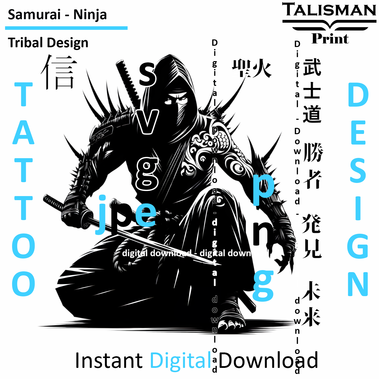 Samurai Ninja - Digital Art | PNG, JPEG & SVG | Instant Download for Apparel, Décor and Wall Art