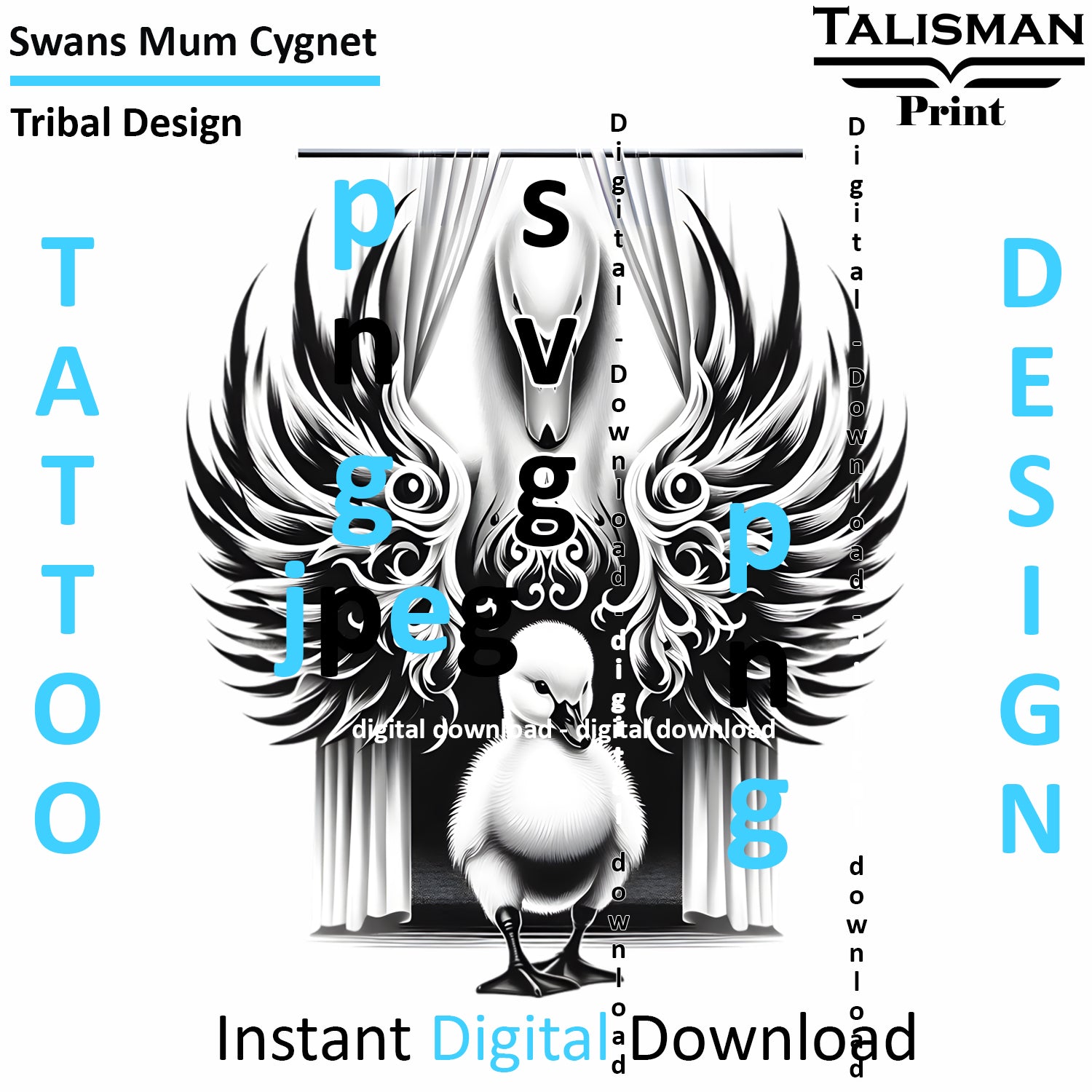 Swan and Cygnet - Digital Art | PNG, JPEG & SVG | Instant Download for Apparel, Décor and Wall Art