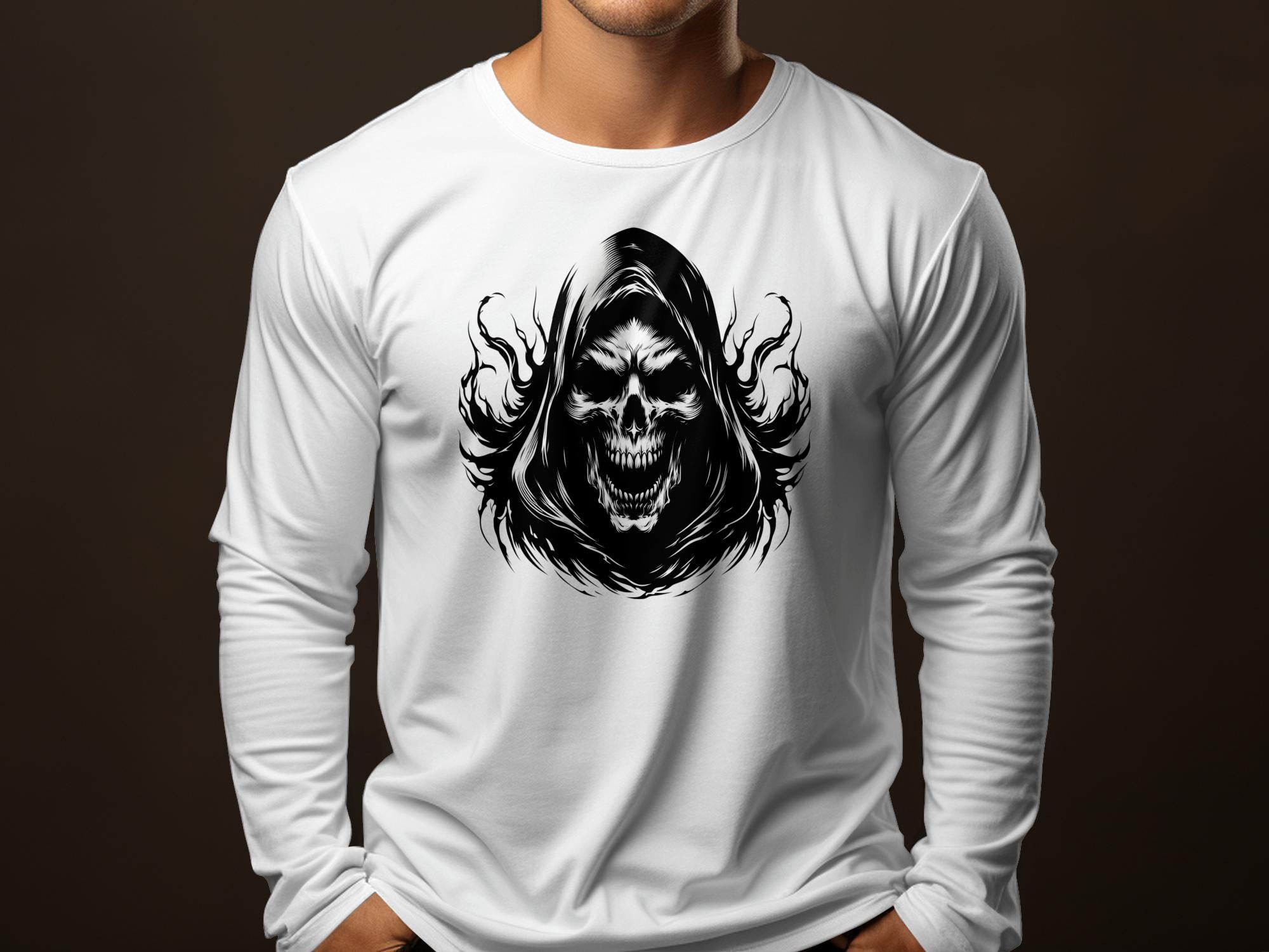 Grim Reaper - Black White Gildan Long Sleeve Commemorative Talisman Unisex Tee Graphic Design