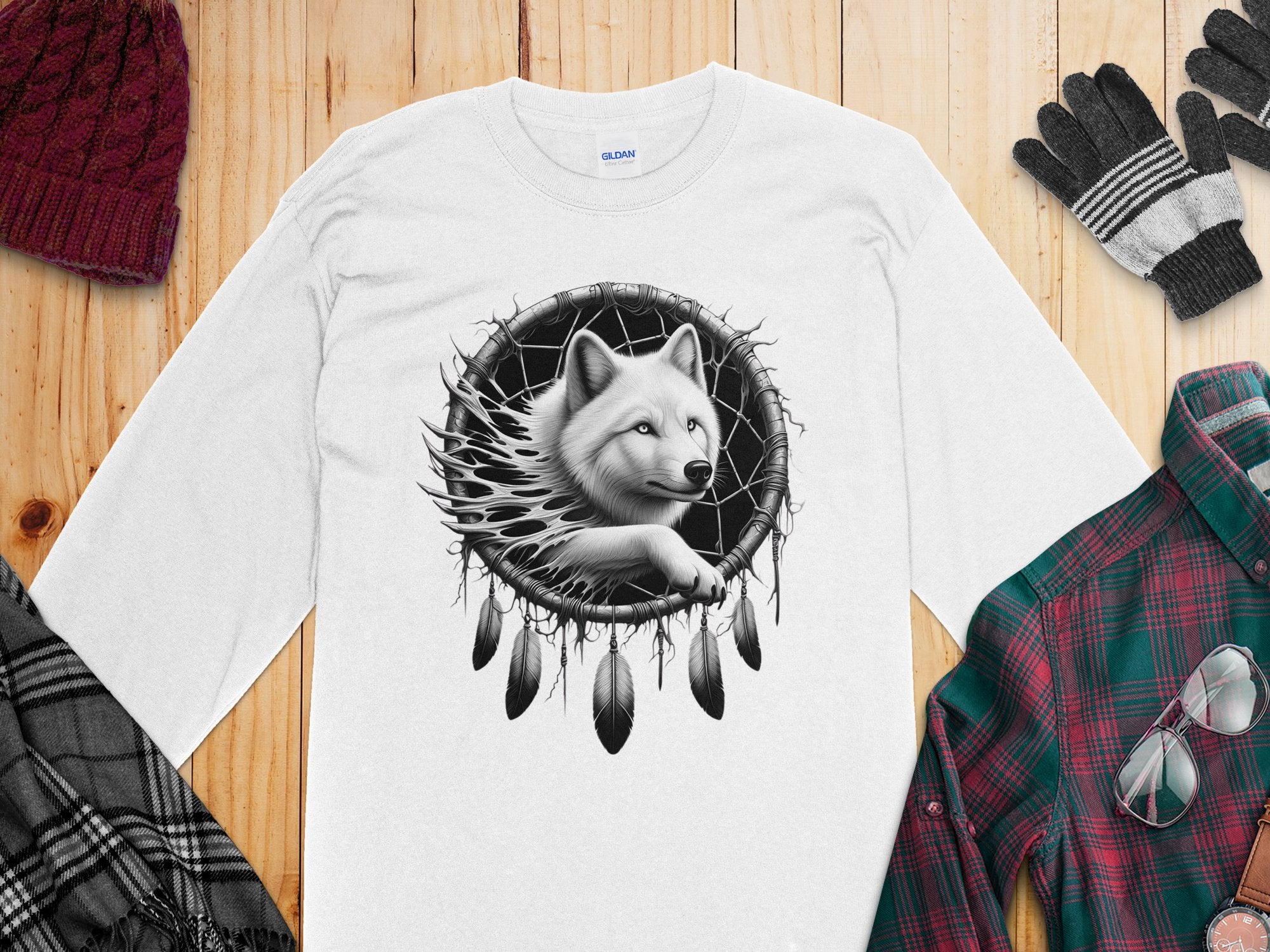 Dreamcatcher Wolf - Coloured Gildan Long Sleeve Realistic Native American Talisman Unisex Mythology Tee Graphic Design