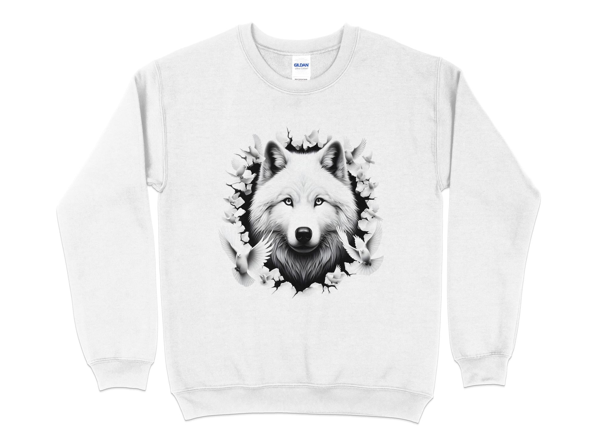 Wolf x Doves - Black White Gildan Sweatshirt Realistic Animal Talisman Unisex Tee Graphic Design