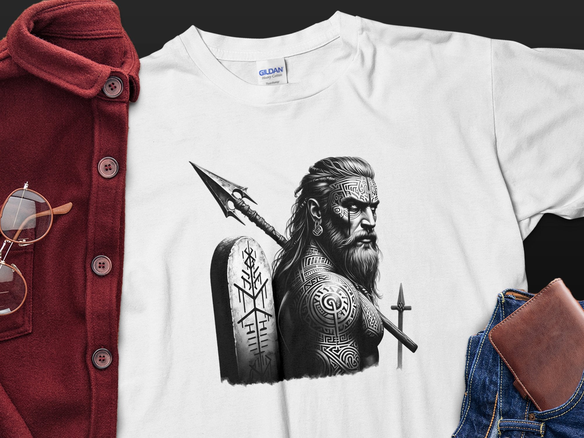 Viking Heroism - Coloured Gildan T Shirt Realistic Norse Talisman Men Women Unisex Valhalla Tee Graphic Design