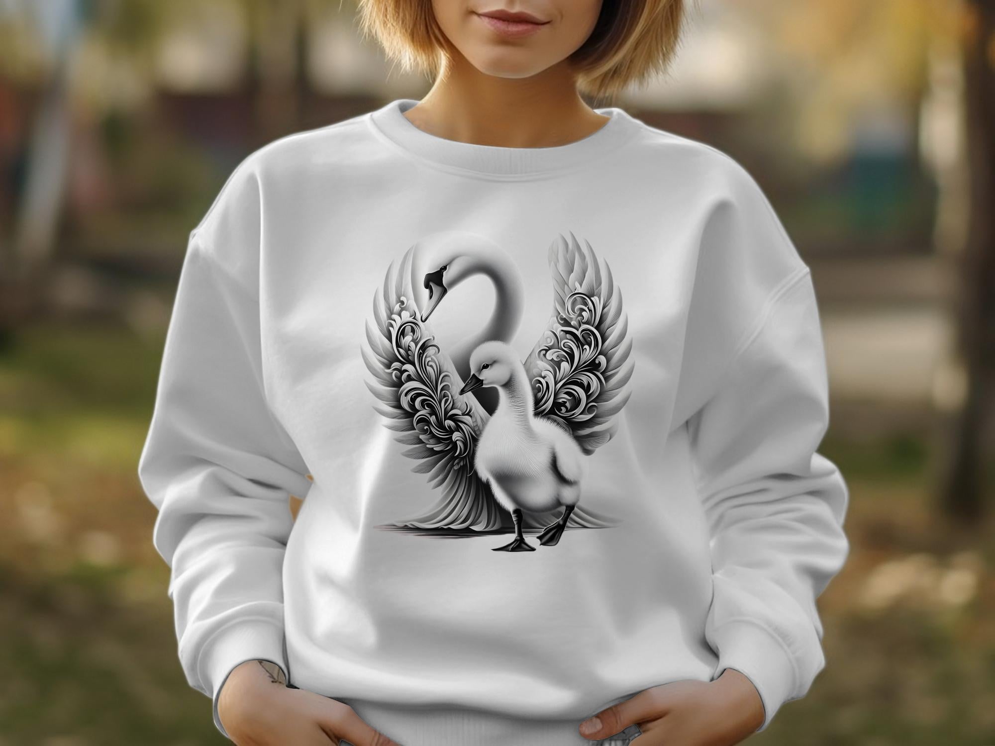 Swan & Cygnet- Black White Gildan Sweatshirt Realistic Family Talisman Unisex Tee Graphic Design