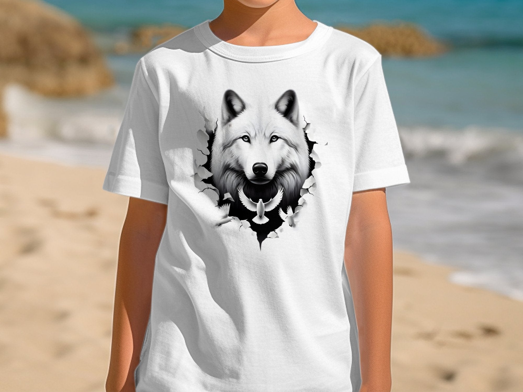 Wolf x Doves - Black White Gildan Kids T-Shirt Realistic Animal Talisman Unisex Tee Graphic Design