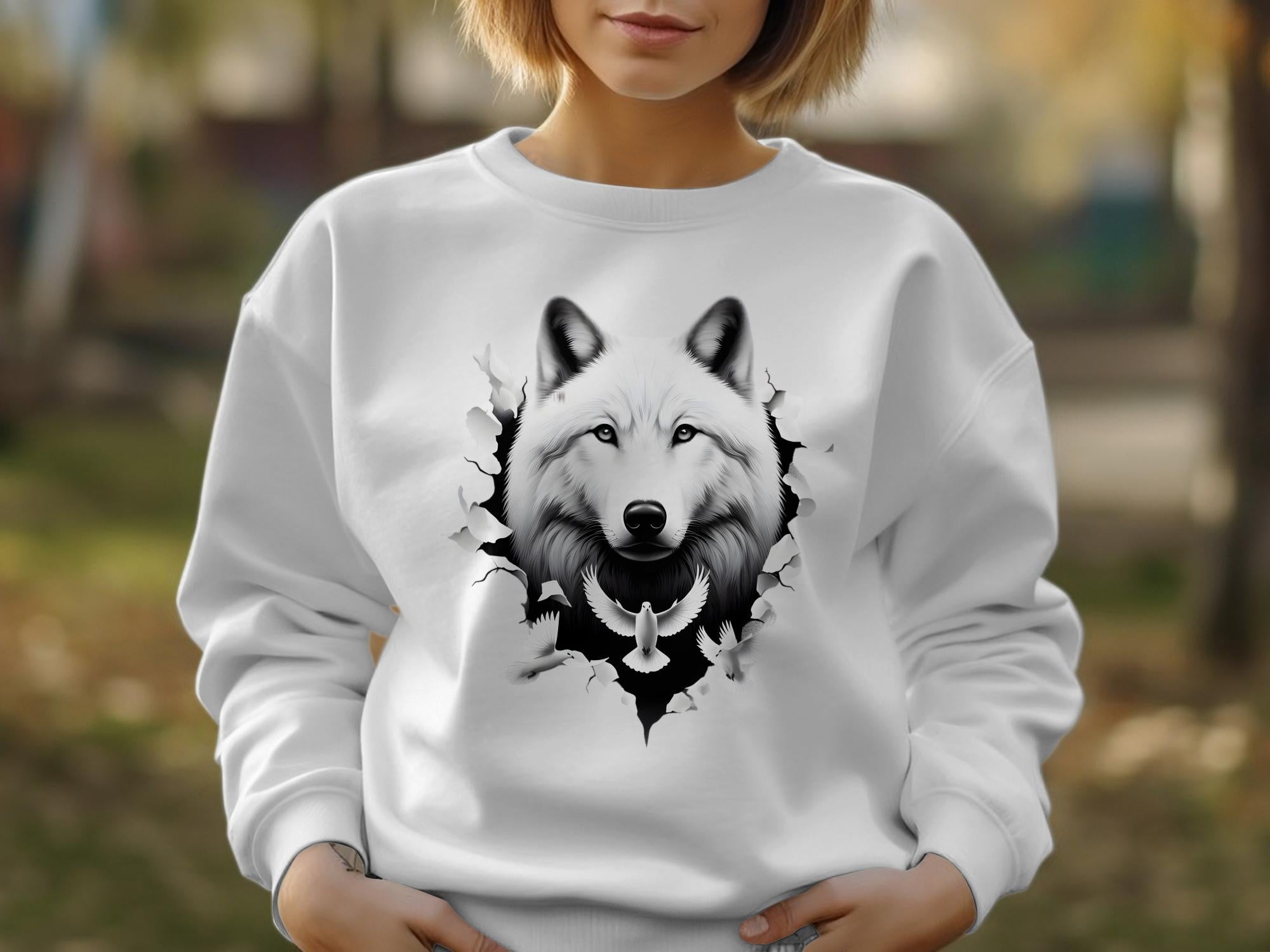 Wolf x Doves - Black White Gildan Sweatshirt Realistic Animal Talisman Unisex Tee Graphic Design