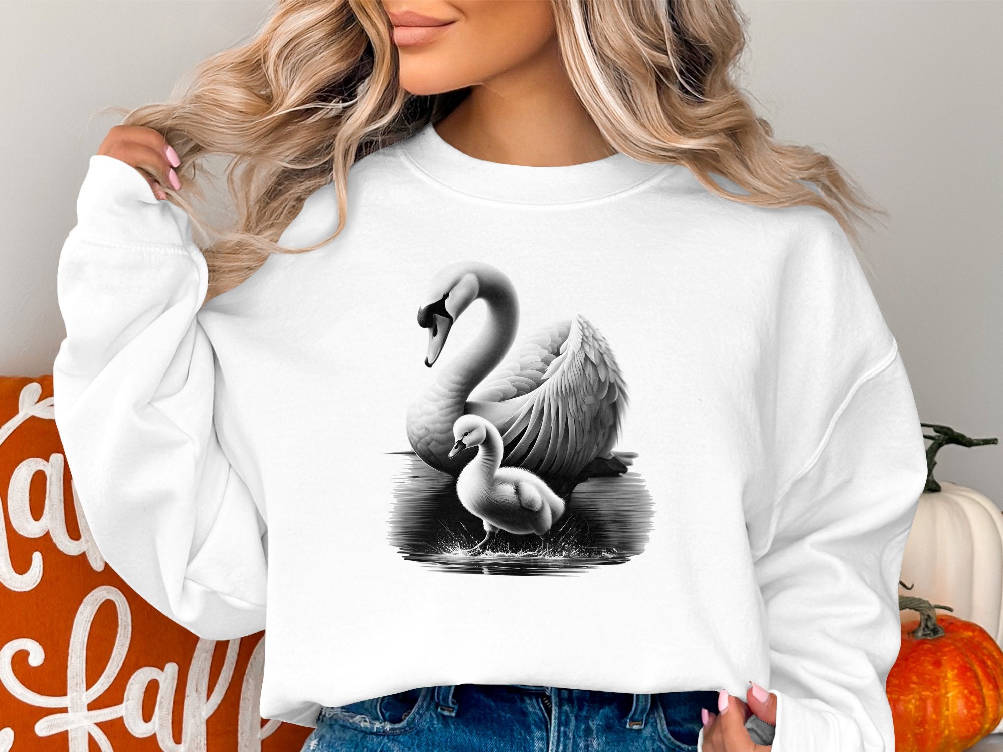 Swan & Cygnet- Black White Gildan Sweatshirt Realistic Family Talisman Unisex Tee Graphic Design