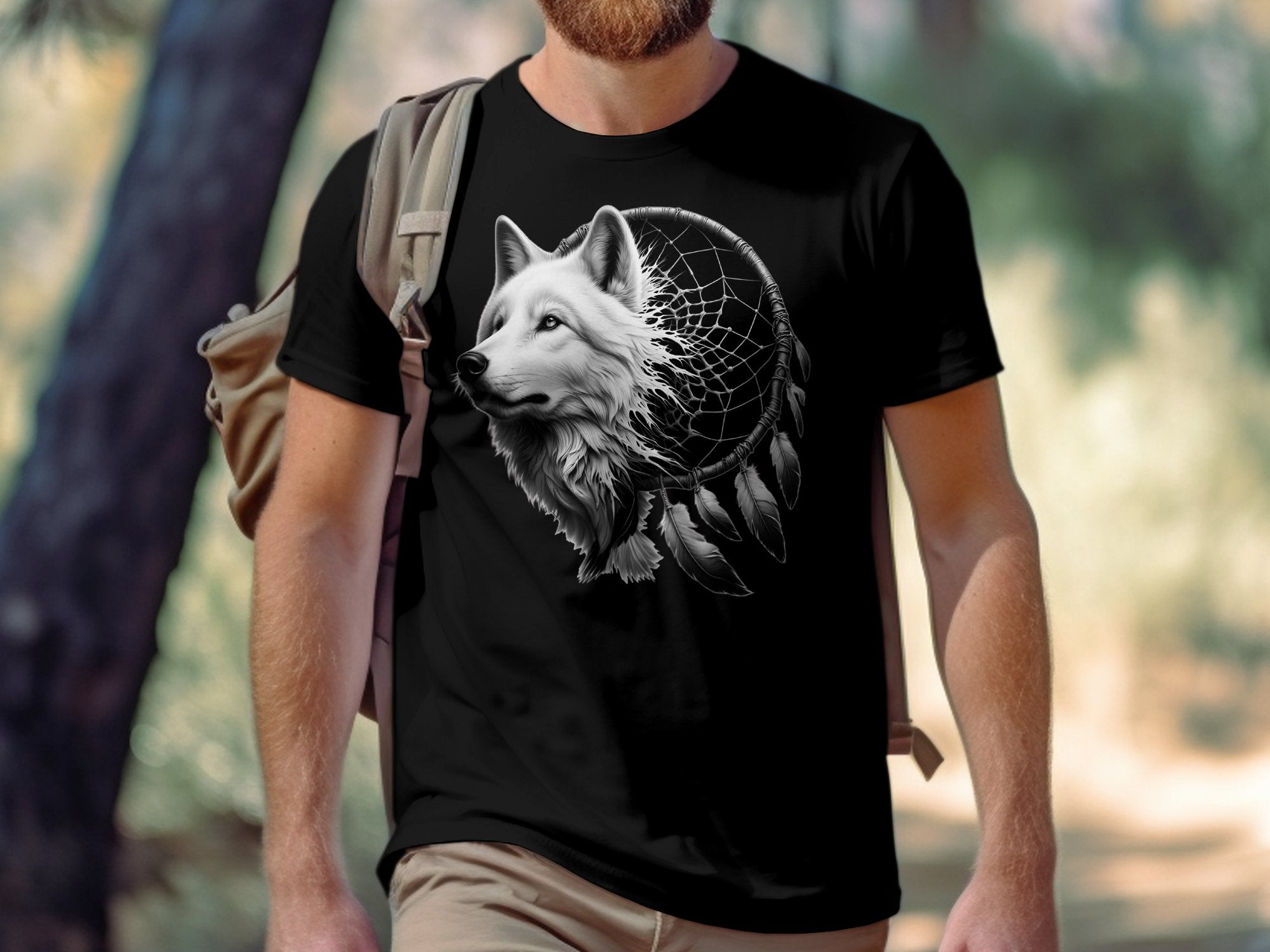 Dreamcatcher Wolf - Coloured Gildan T-Shirt Realistic Native American Talisman Unisex Mythology Tee Graphic Design