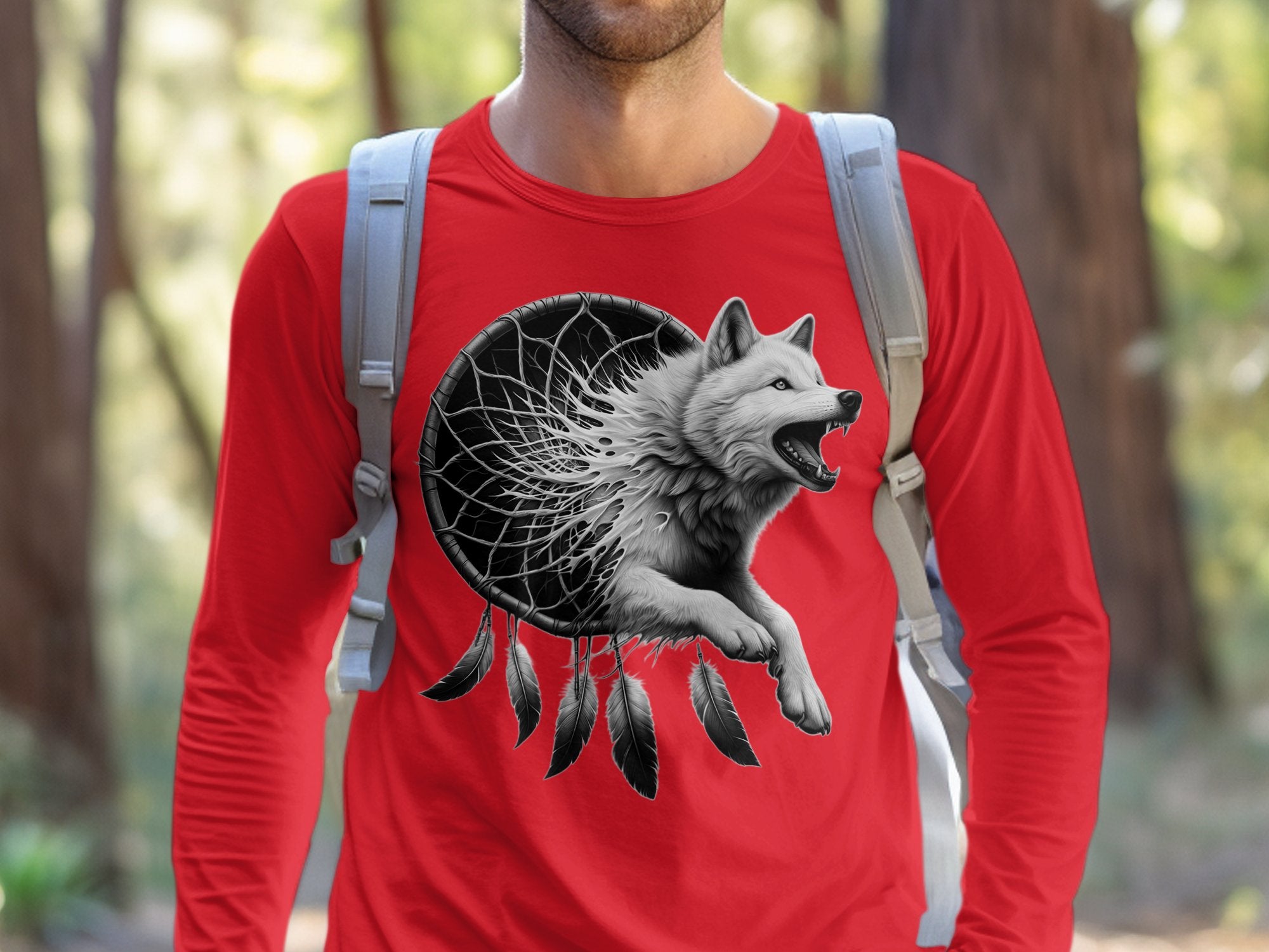 Dreamcatcher Wolf - Coloured Gildan Long Sleeve Realistic Native American Talisman Unisex Mythology Tee Graphic Design