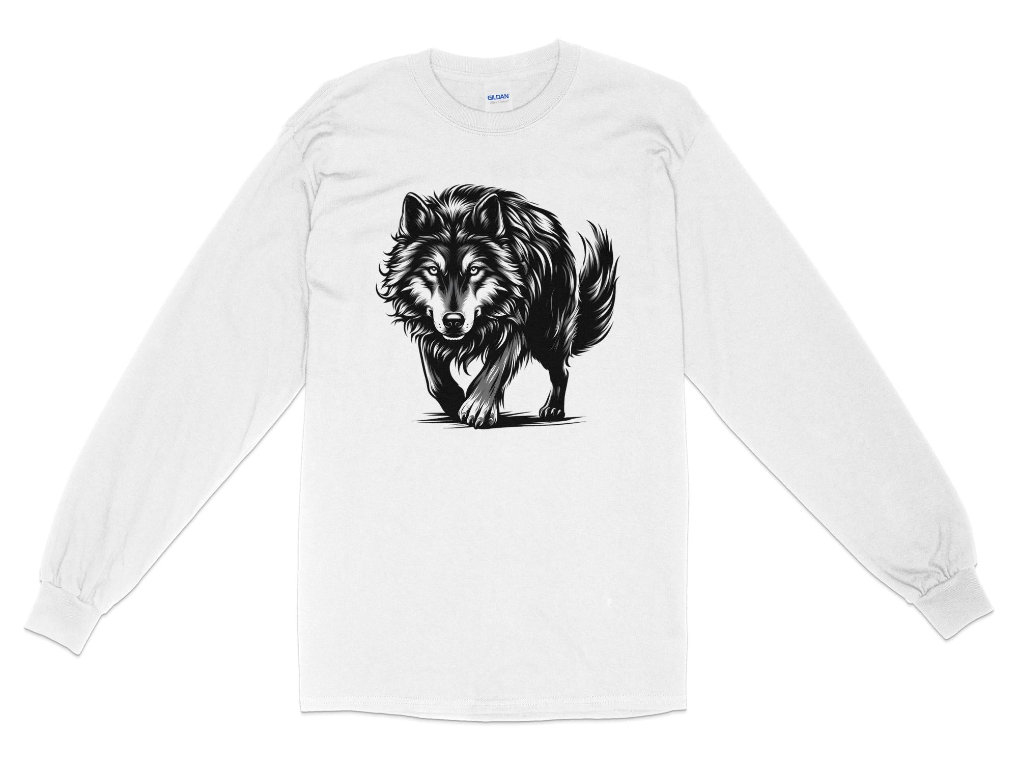 Wolf Tribal - Black White Gildan Long Sleeve Realistic Animal Talisman Unisex Tee Graphic Design