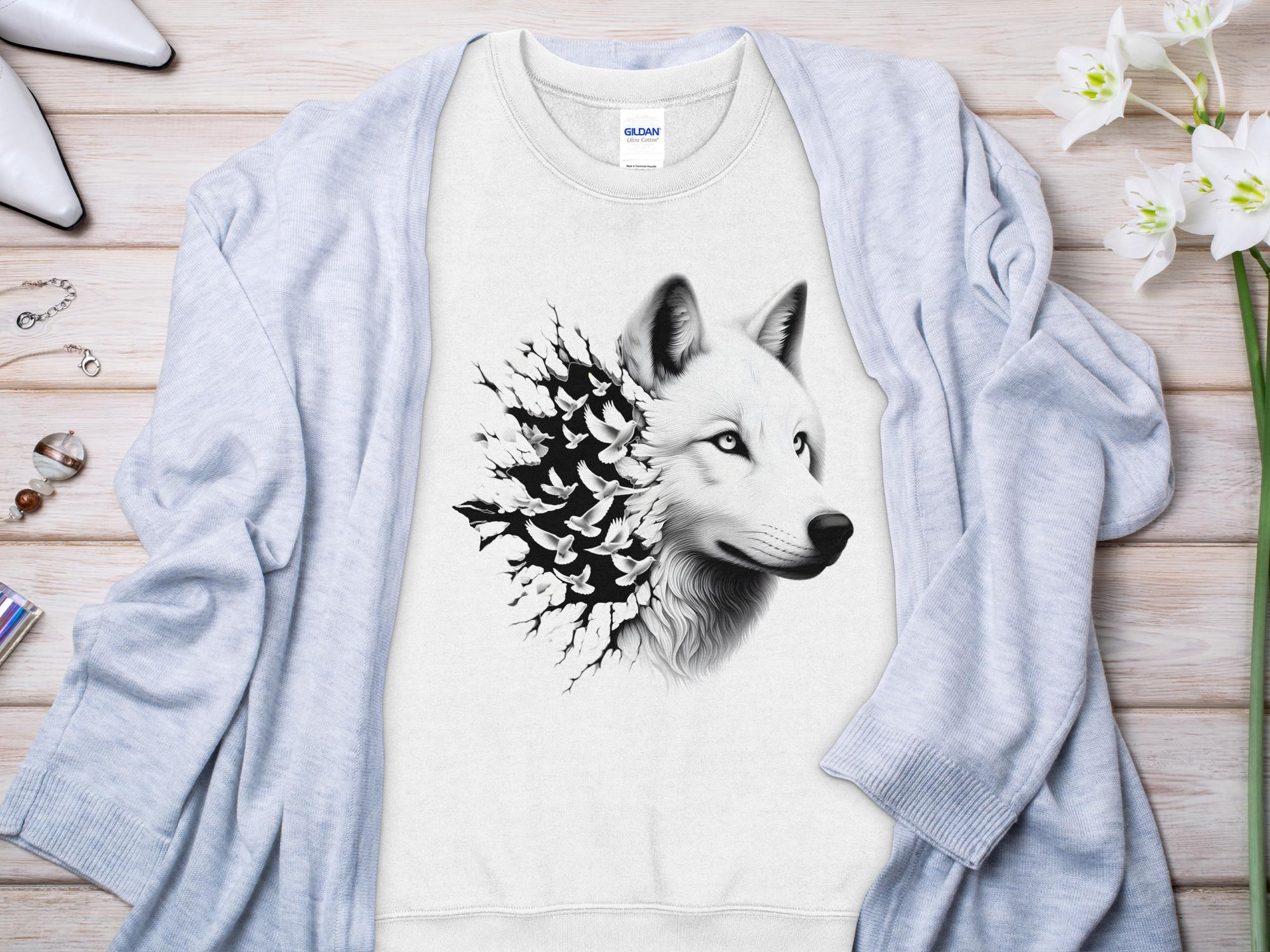 Wolf x Doves - Black White Gildan Sweatshirt Realistic Animal Talisman Unisex Tee Graphic Design