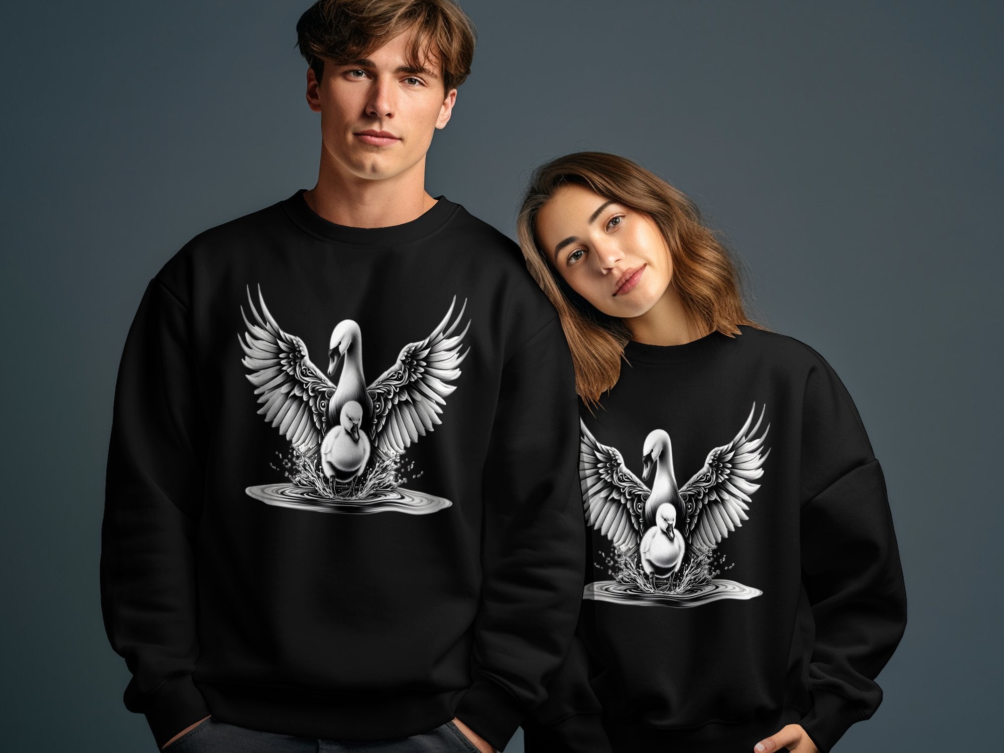 Swan & Cygnet- Black White Gildan Sweatshirt Realistic Family Talisman Unisex Tee Graphic Design