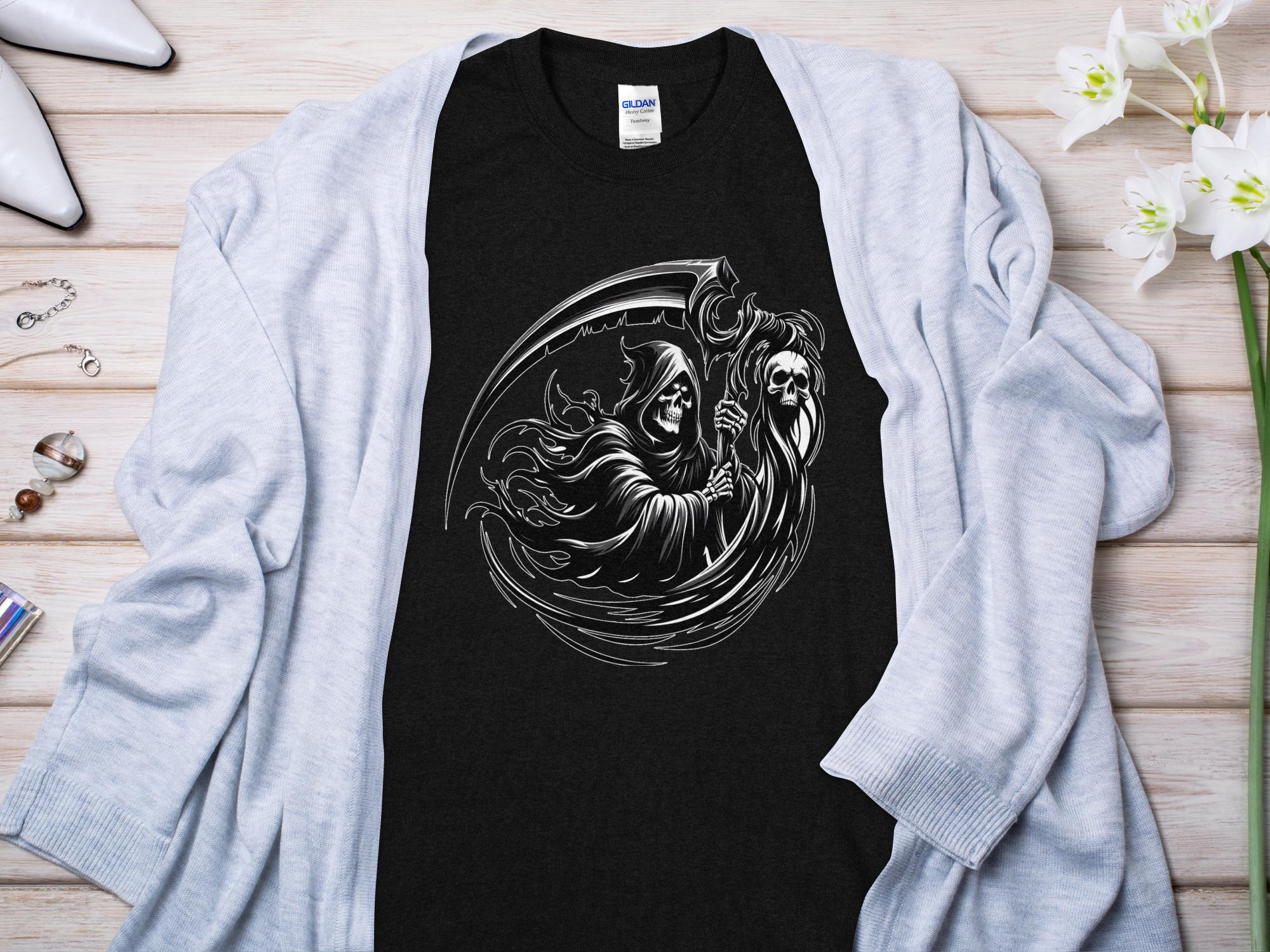 Grim Reaper - Black White Gildan T-Shirt Commemorative Talisman Unisex Tee Graphic Design