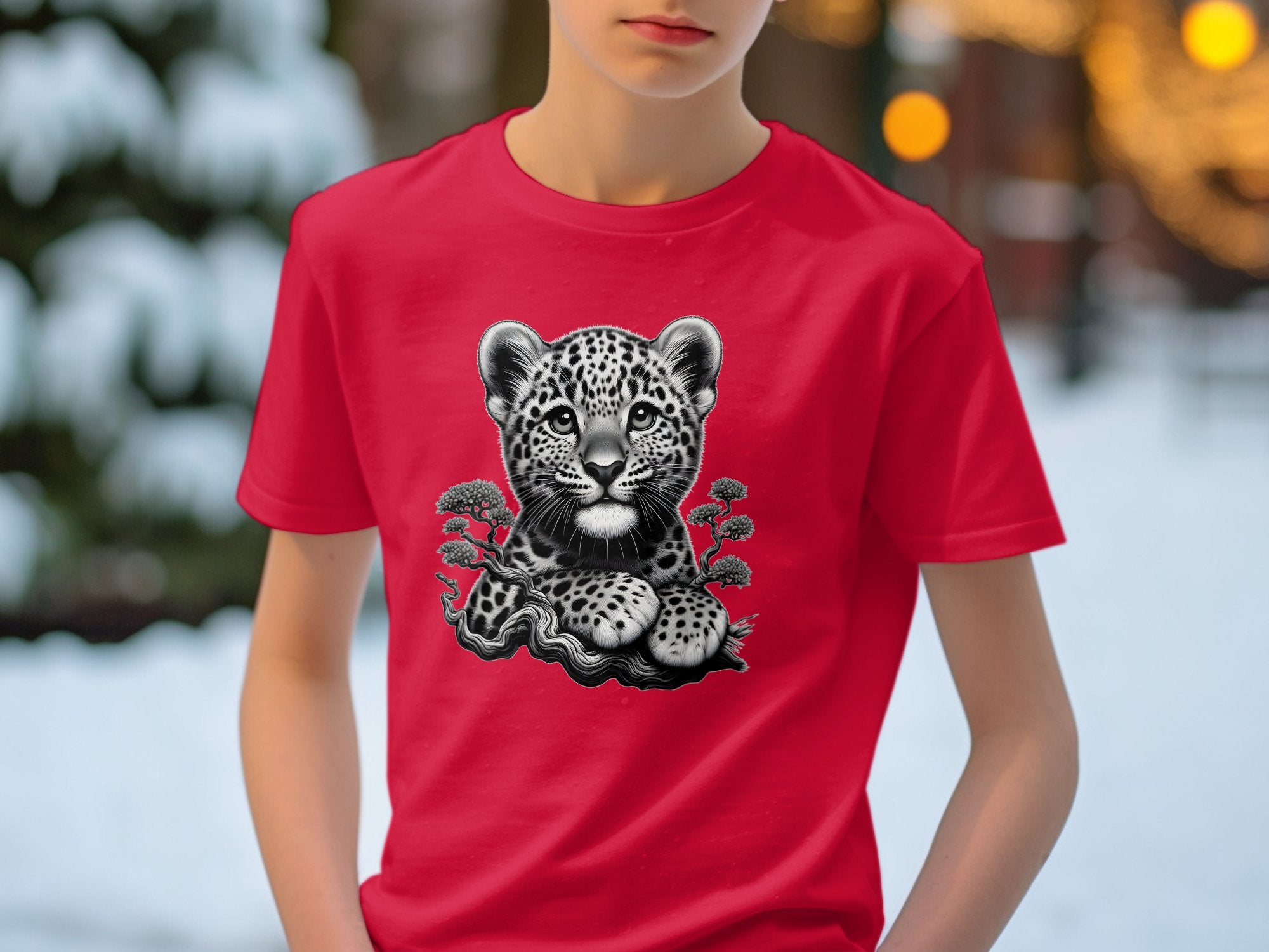 Leopard Bonsai - Coloured Gildan Kids T-Shirt Realistic Animal Talisman Unisex Cute Tee Graphic Design