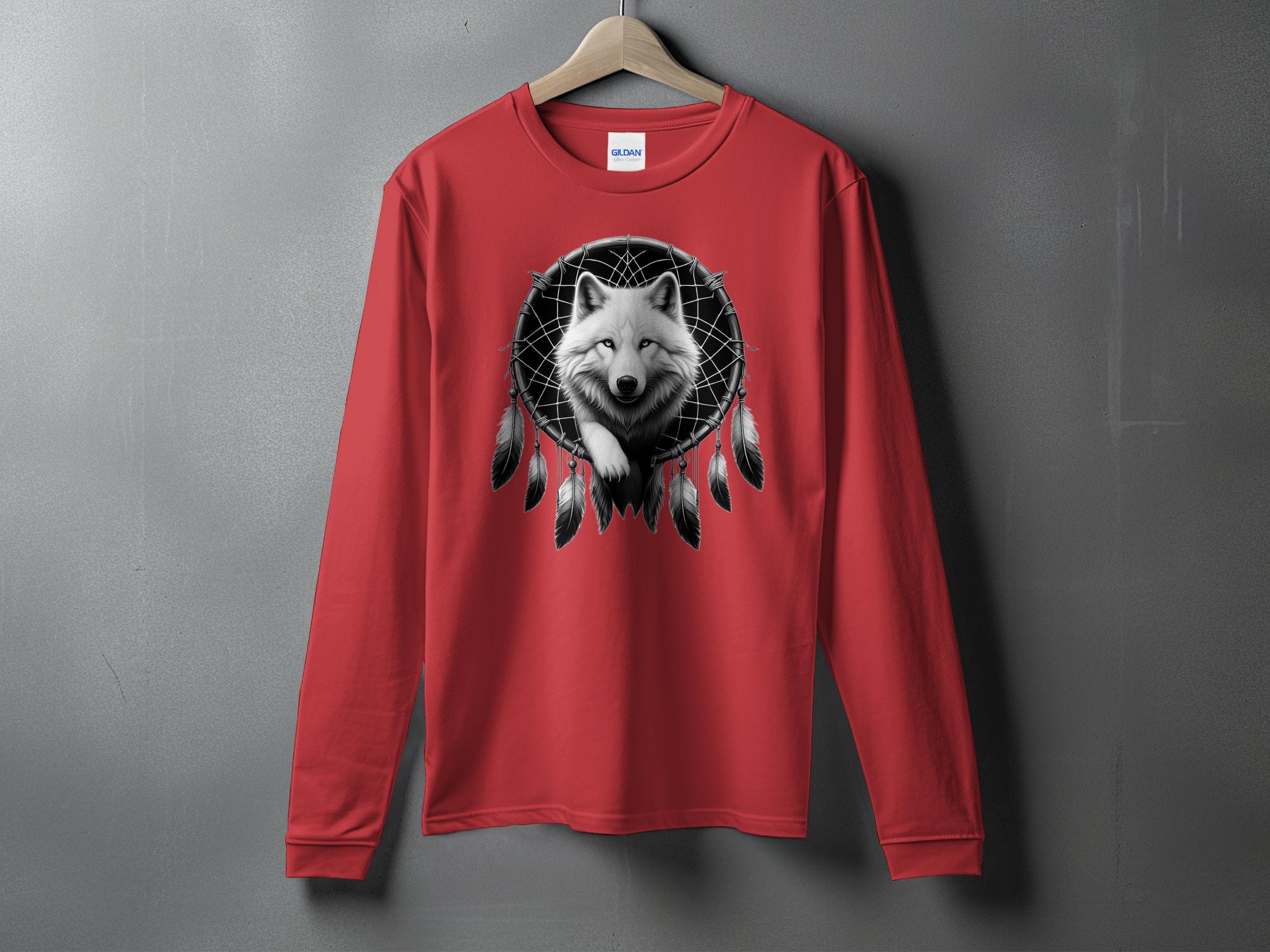 Dreamcatcher Wolf - Coloured Gildan Long Sleeve Realistic Native American Talisman Unisex Mythology Tee Graphic Design